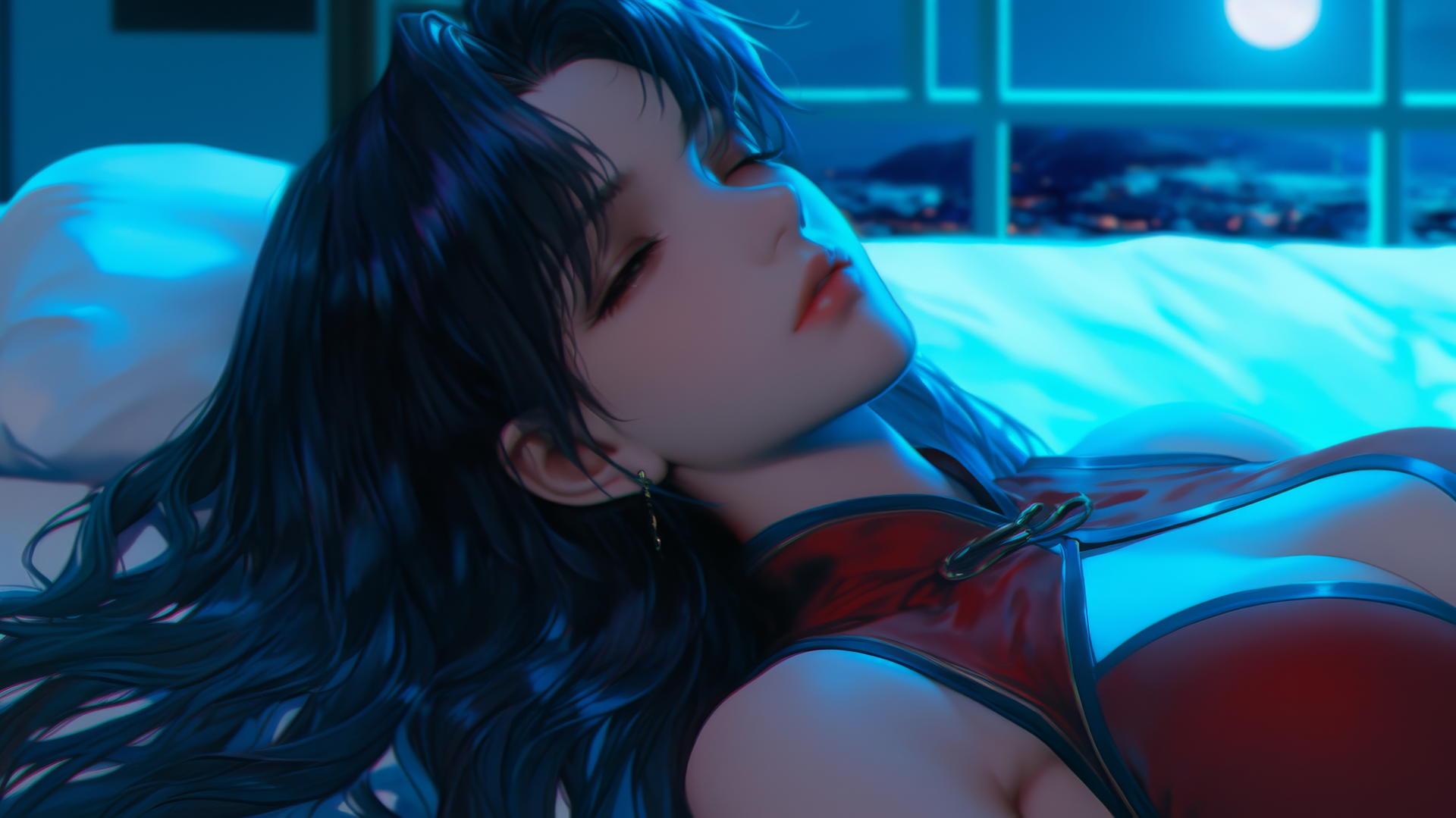 Misato Katsuragi from Neon Genesis Evangelion resting in a moonlit modern hotel room