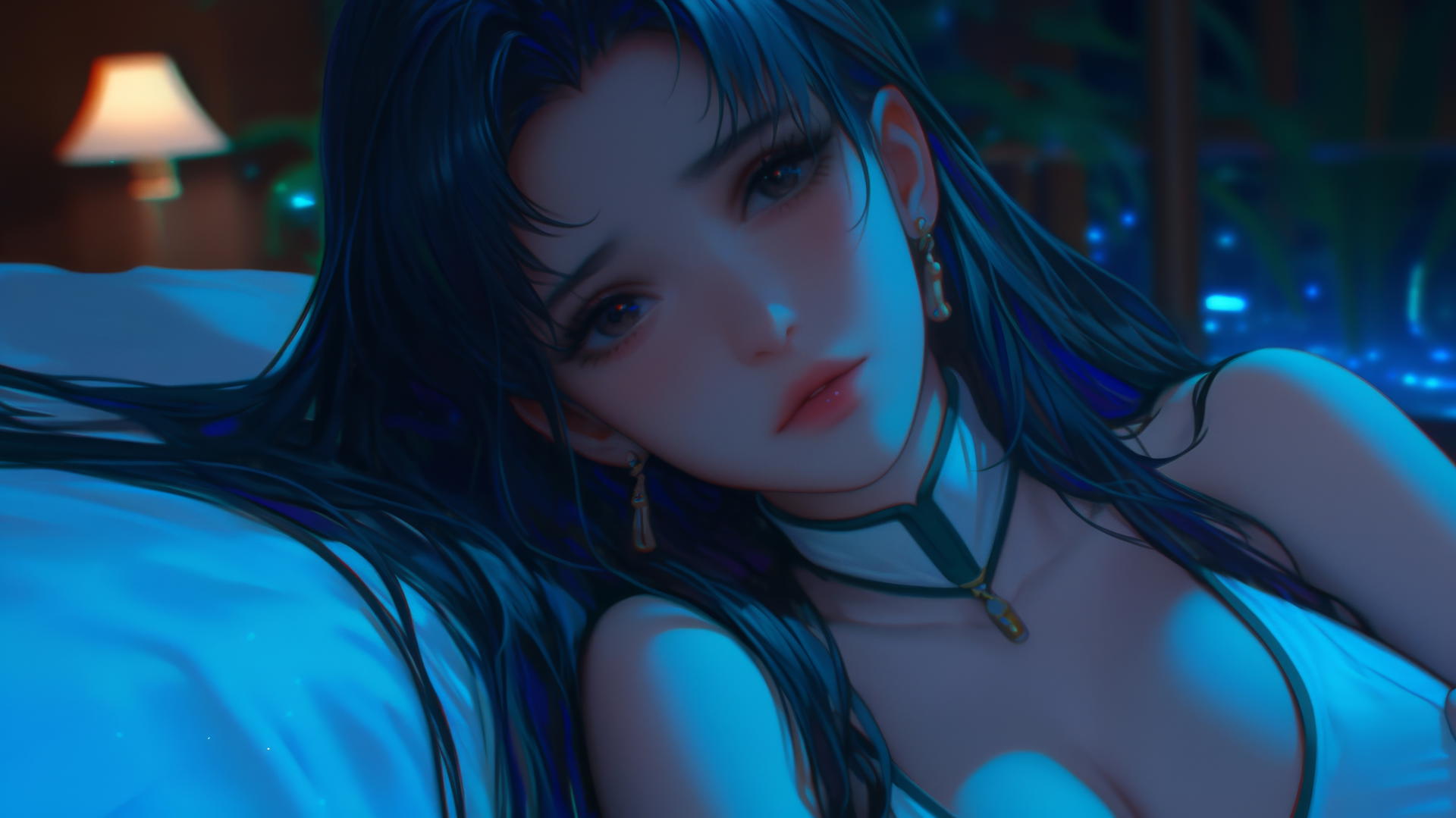Misato Katsuragi resting in a moonlit modern hotel room.