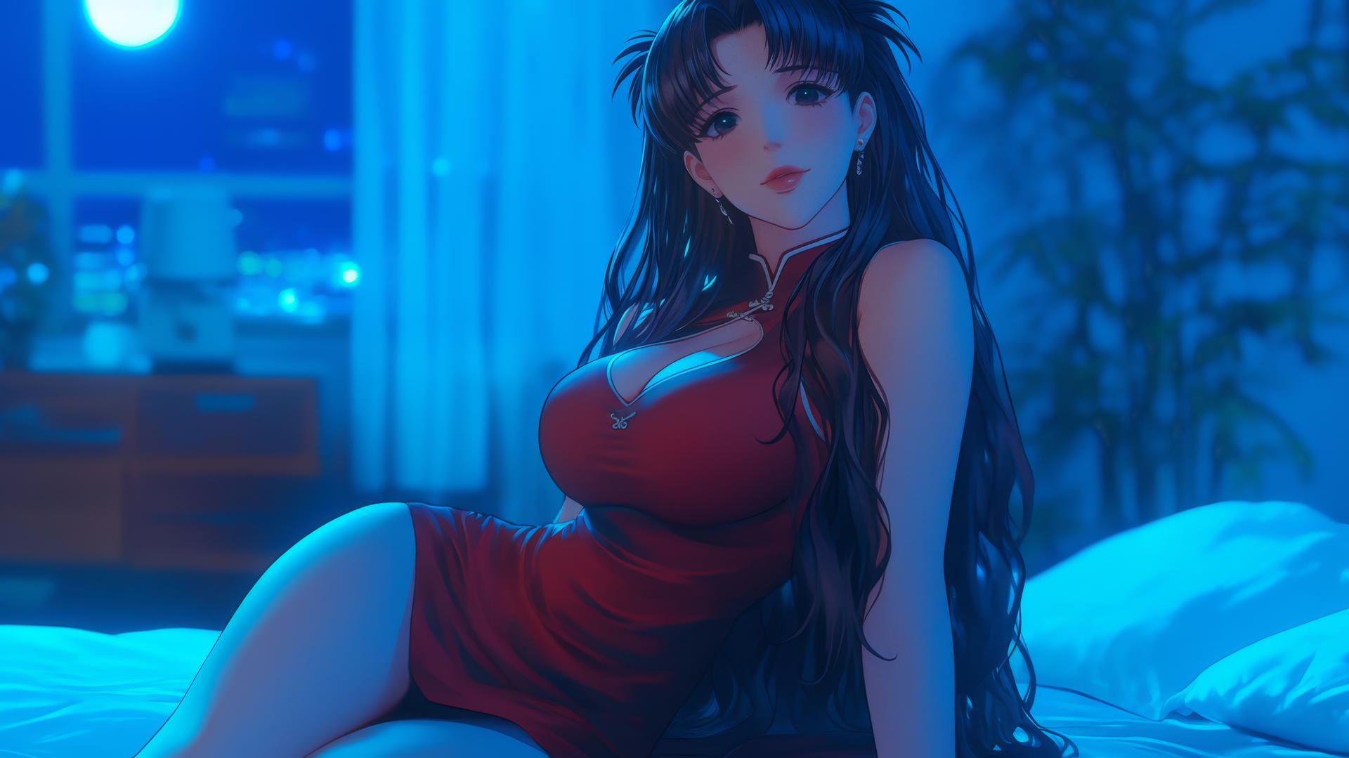 Misato Katsuragi with violet hair, resting in a modern hotel room under moonlight.