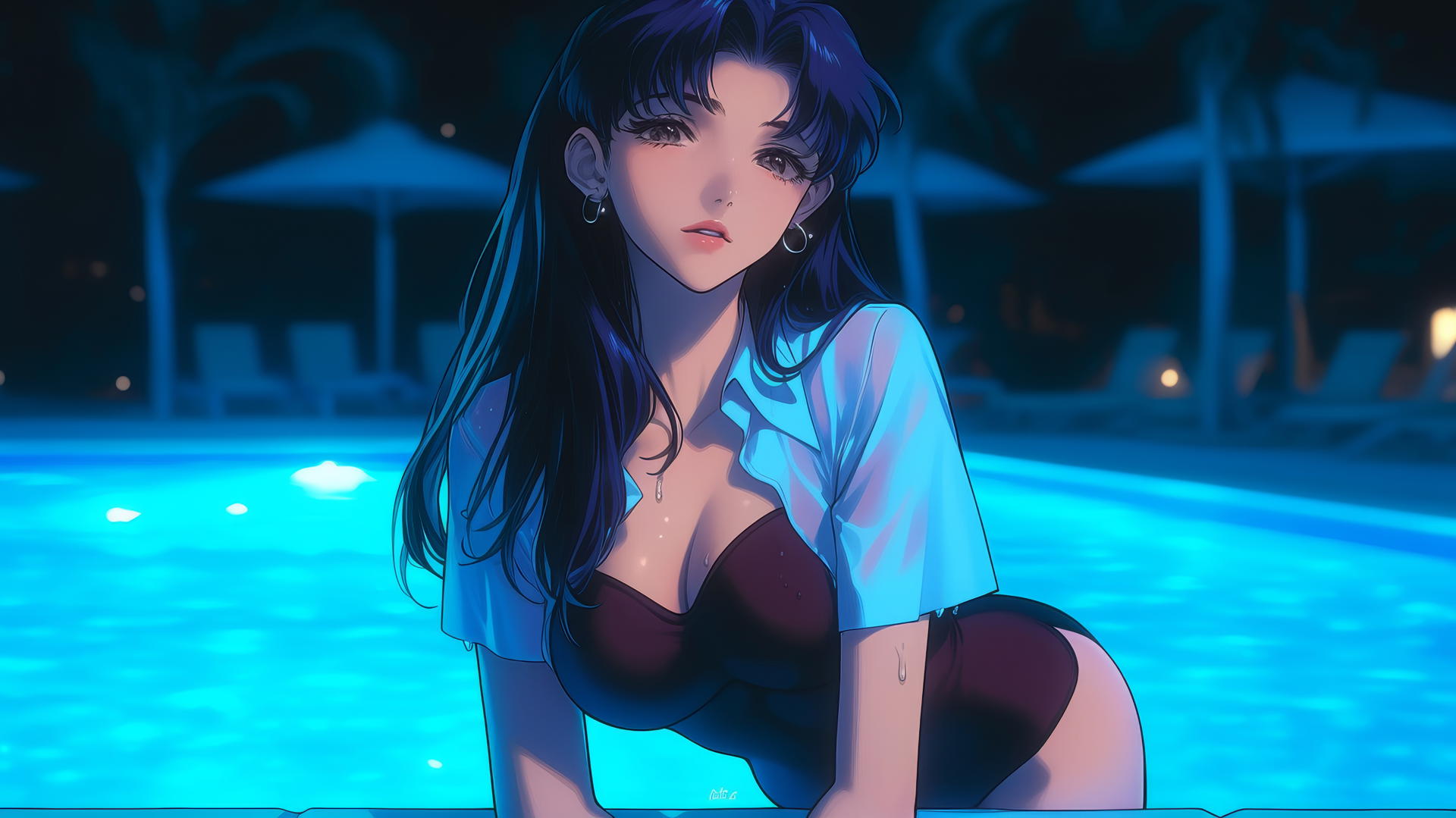 Misato Katsuragi with dark violet hair and dark brown eyes resting by a swimming pool under moonlight.