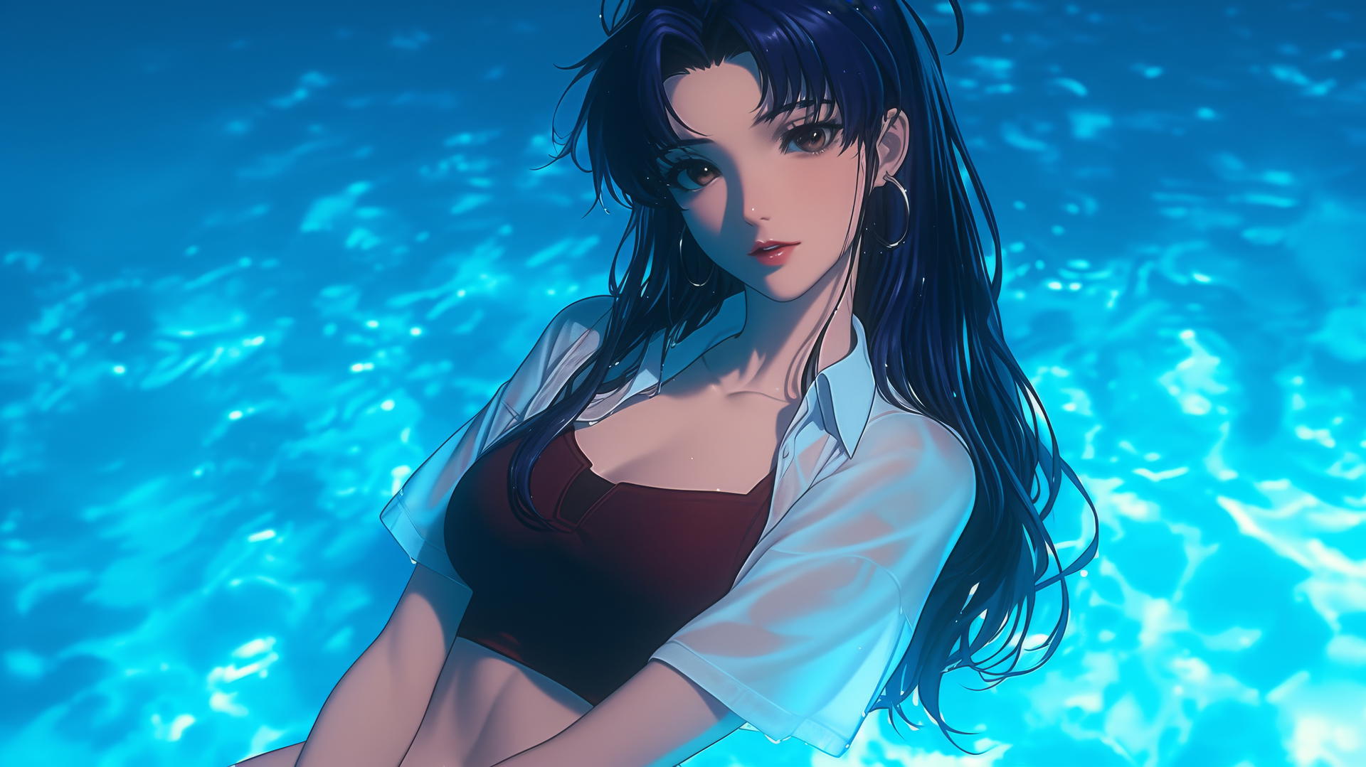 Misato Katsuragi with wavy dark violet hair and dark brown eyes, resting by a pool under moonlight.