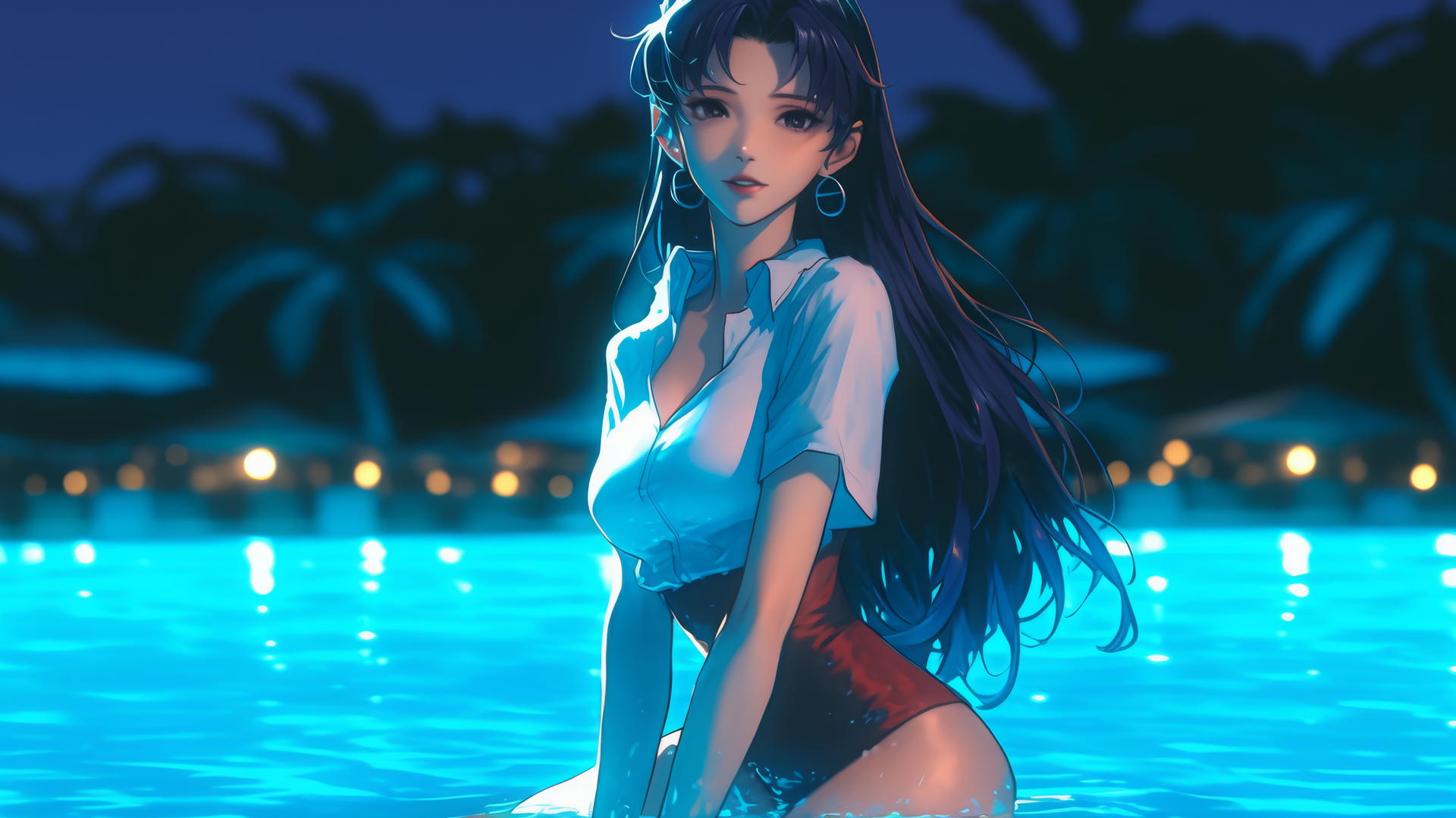 Misato Katsuragi with long dark violet hair and dark brown eyes, resting by a pool under moonlight.