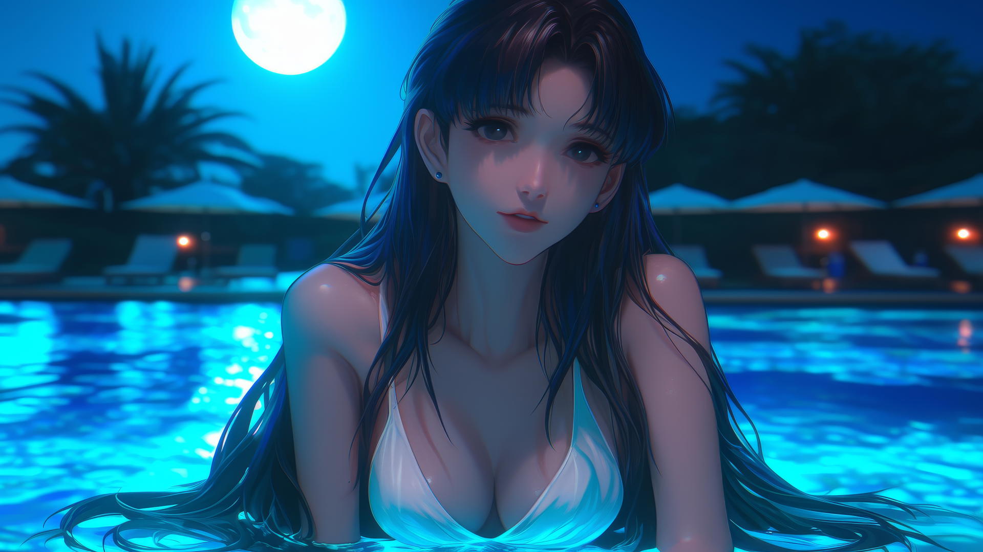 Misato Katsuragi from Neon Genesis Evangelion with long dark violet hair and dark brown eyes, leisurely resting at a swimming pool under moonlight.