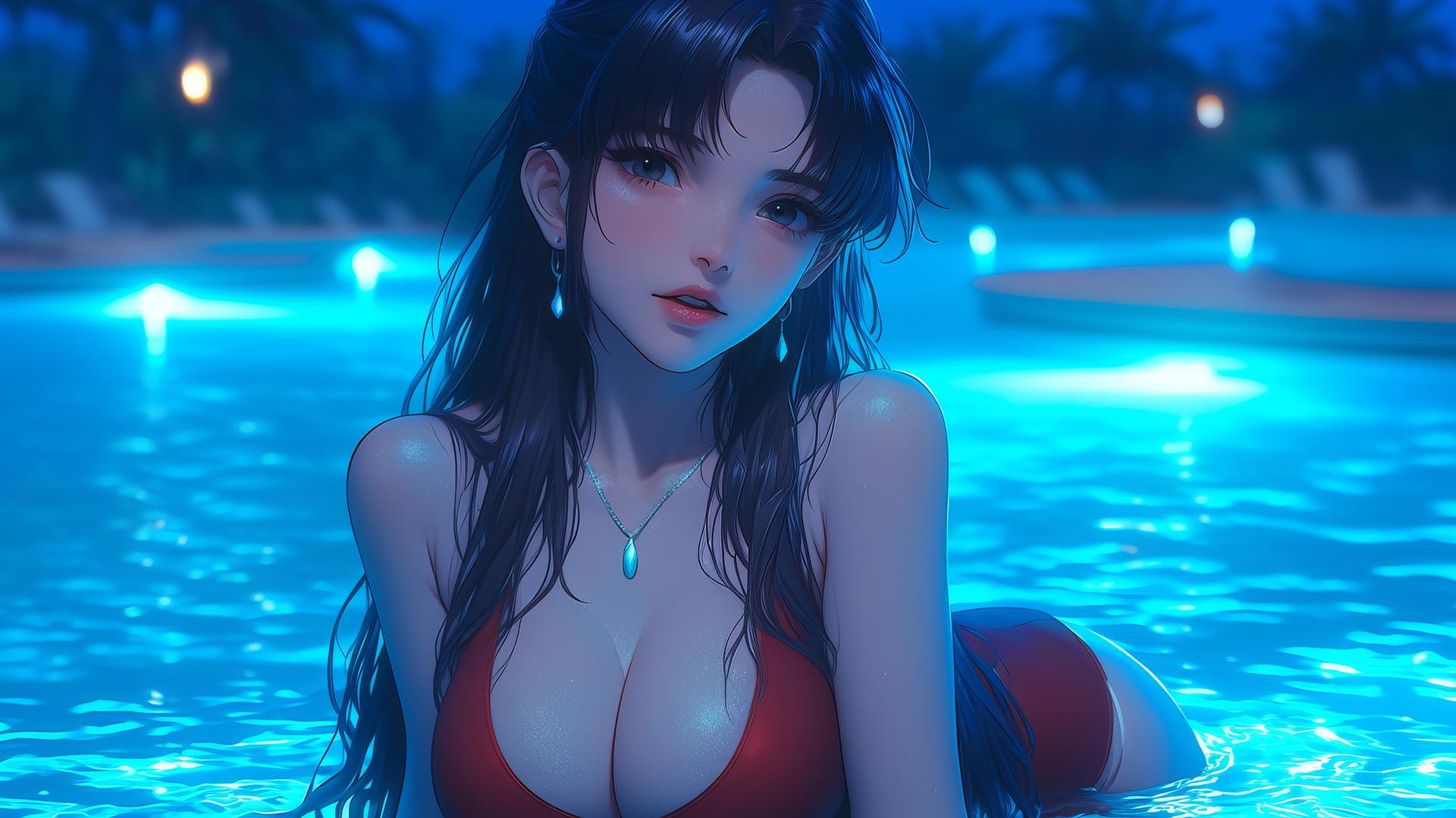 Misato Katsuragi by moonlit pool with violet hair and brown eyes