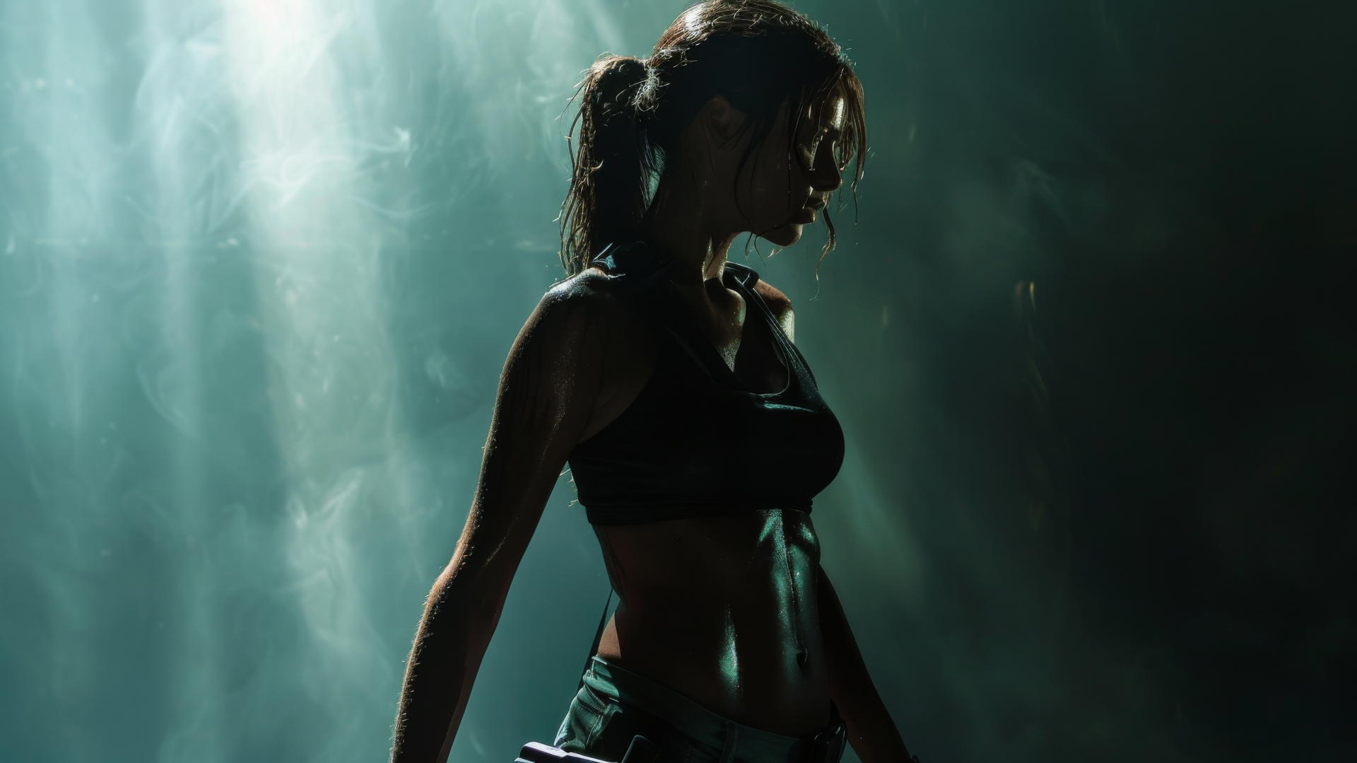 Isolated Lara Croft on dark background in spotlight showcasing thigh