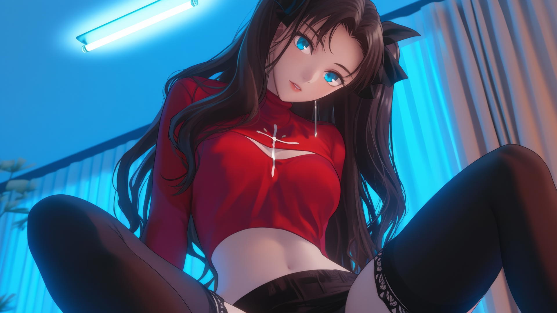 Rin Tohsaka kneeling and leaning forward, viewed from below with a warm glow