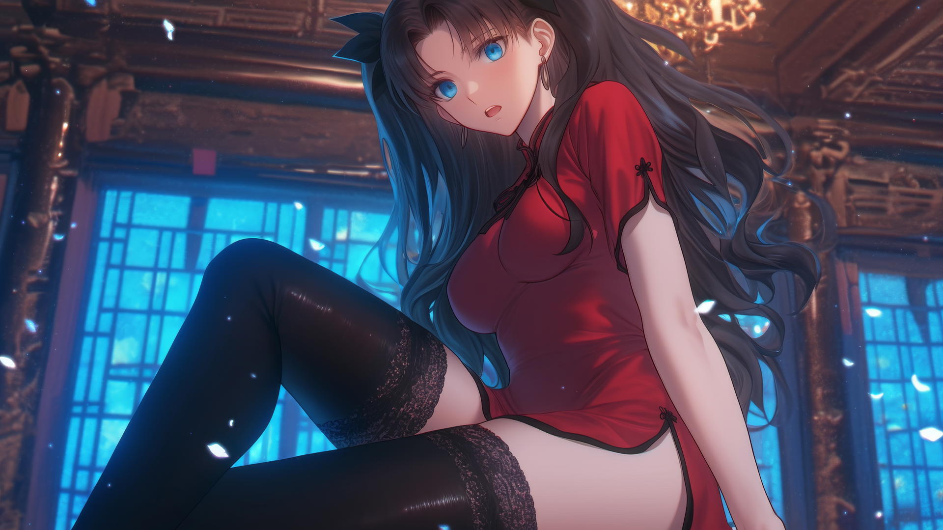 Rin Tohsaka from Fate/stay night, kneeling with a warm glow, looking down.