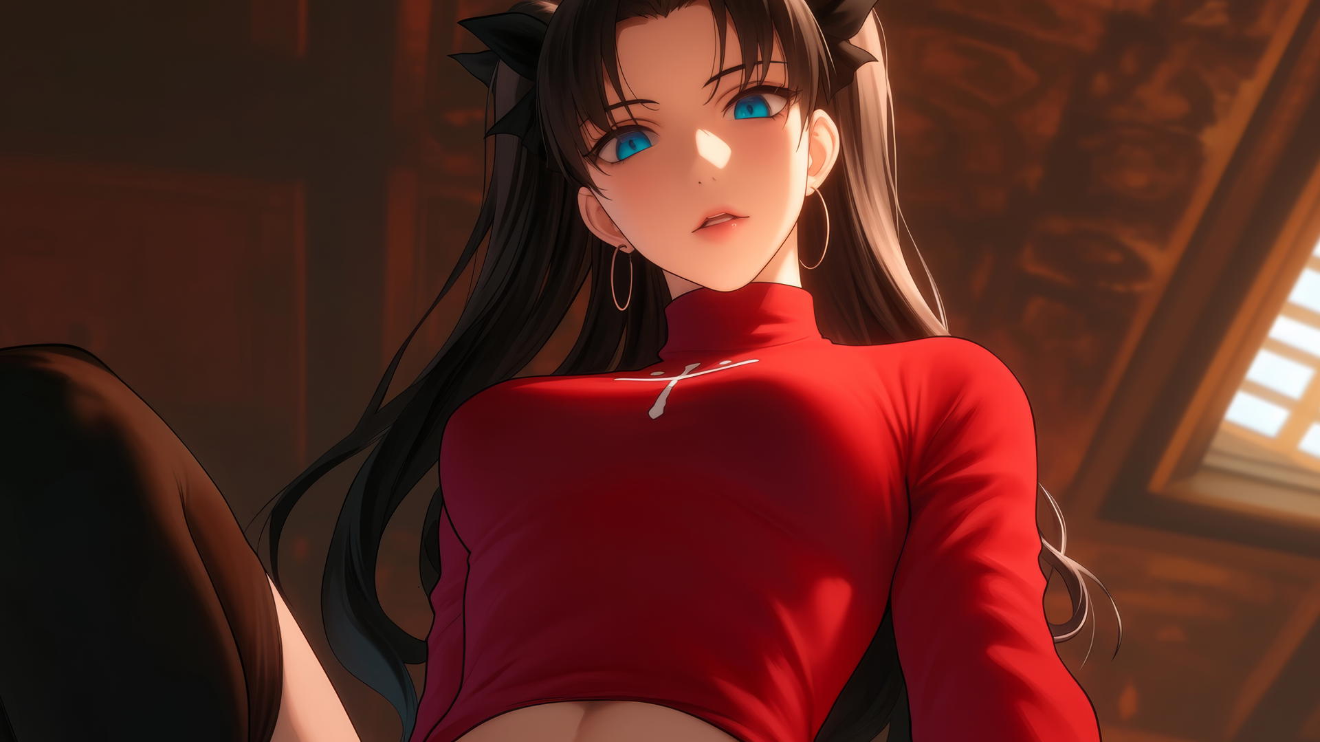 Rin Tohsaka kneeling and leaning forward with a ceiling background