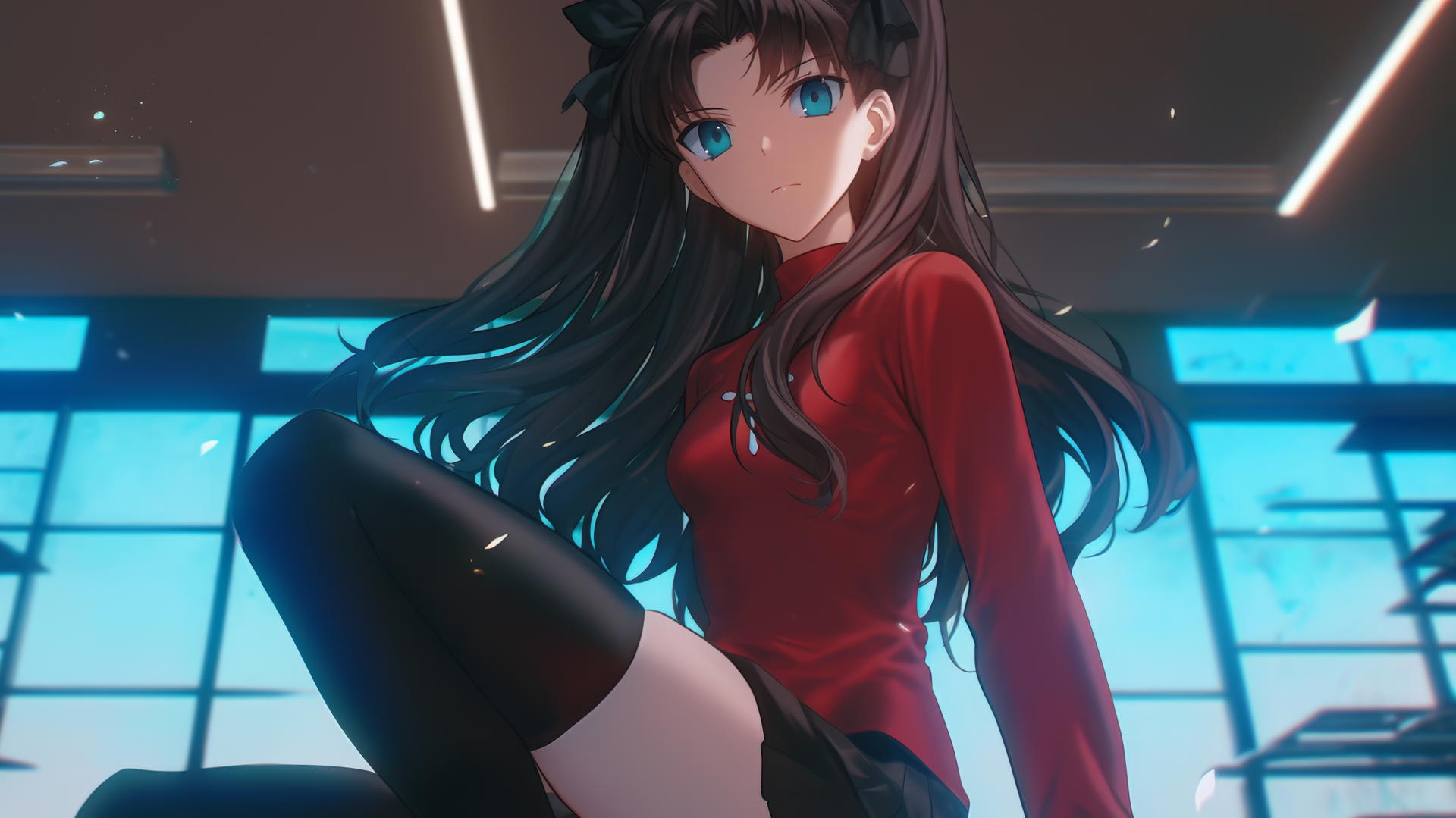 Rin Tohsaka from Fate Stay Night kneeling, leaning, and looking down with a ceiling behind her.