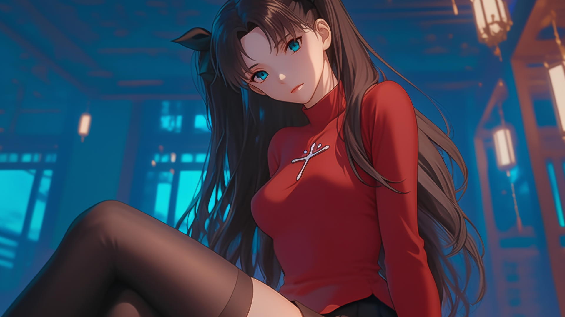 Rin Tohsaka from Fate Stay Night kneeling and leaning forward with warm light and ceiling background.