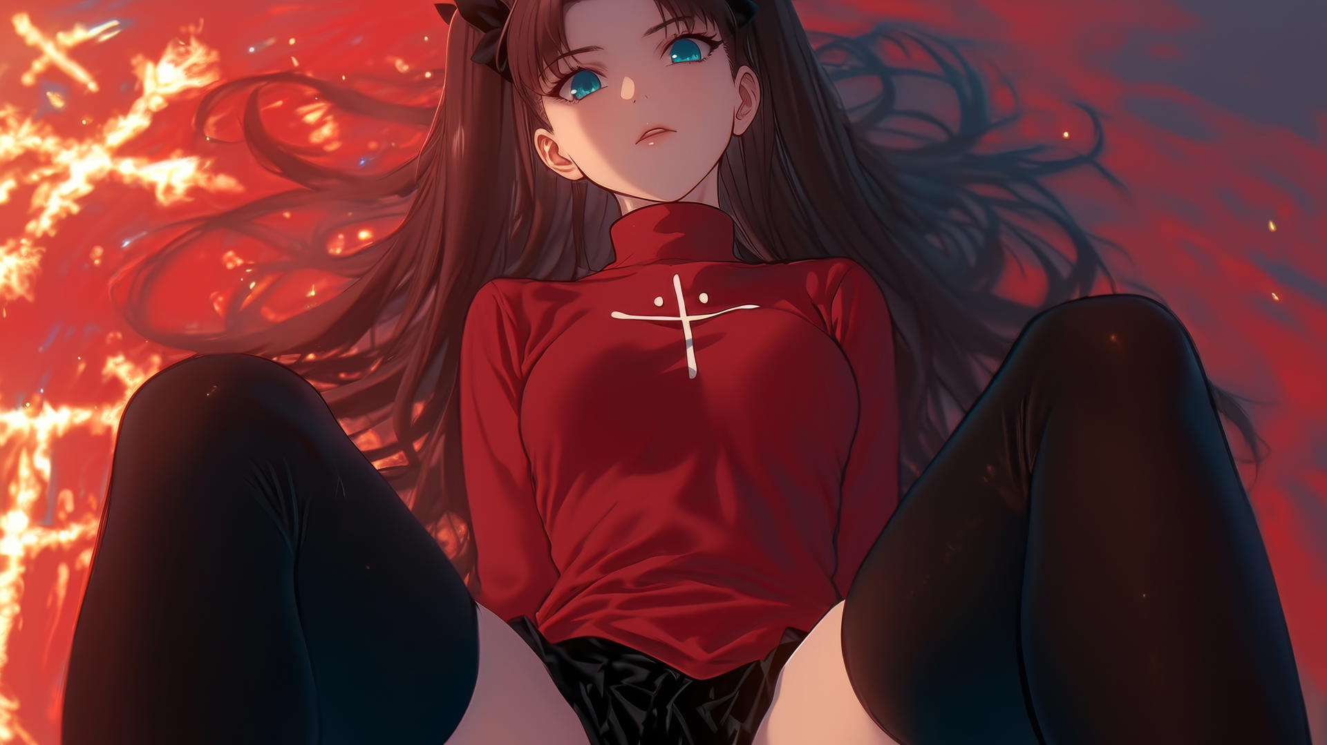 Rin Tohsaka from Fate/stay night kneeling and leaning down with a glowing warm light