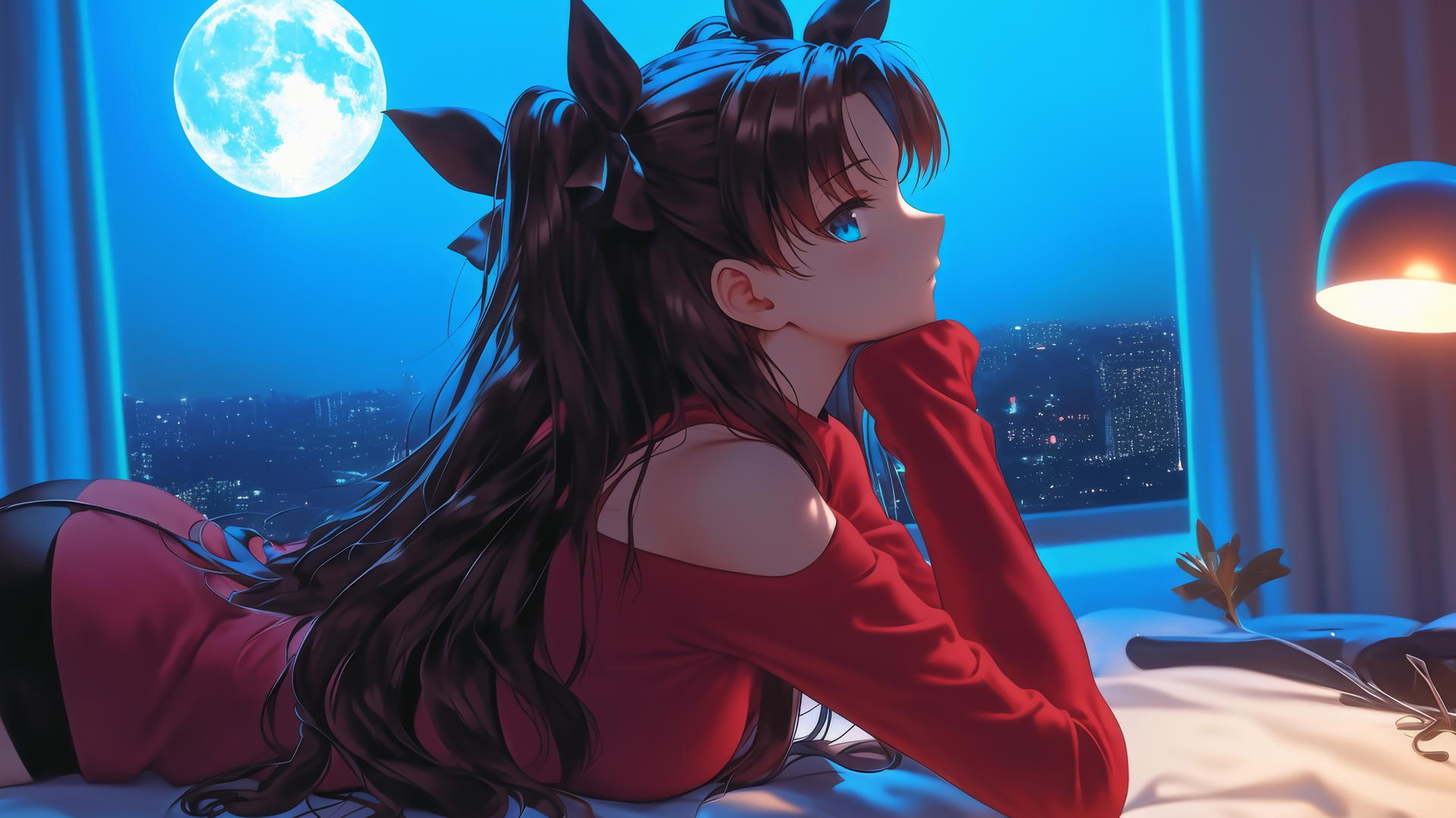Rin Tohsaka resting in a modern hotel room with moonlight on her back