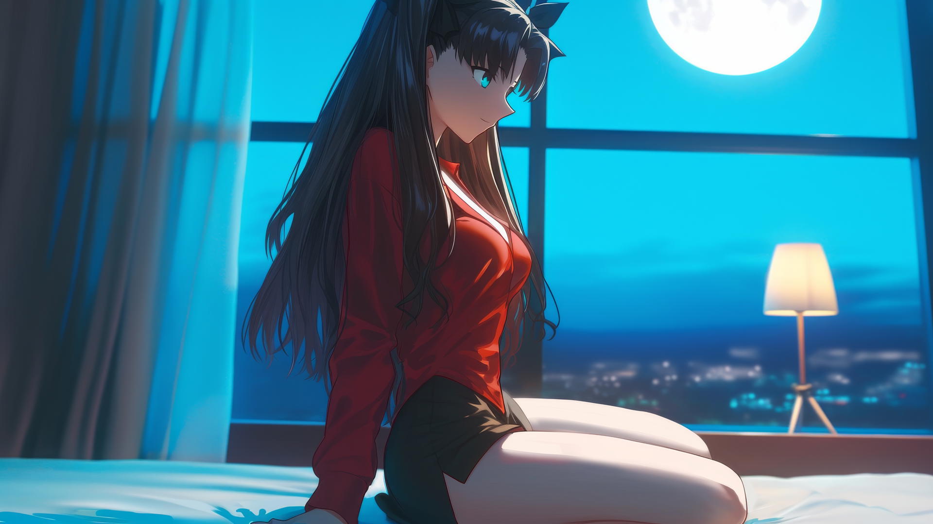 Rin Tohsaka from Fate/stay night kneeling in a modern hotel room with moonlight glowing on her back