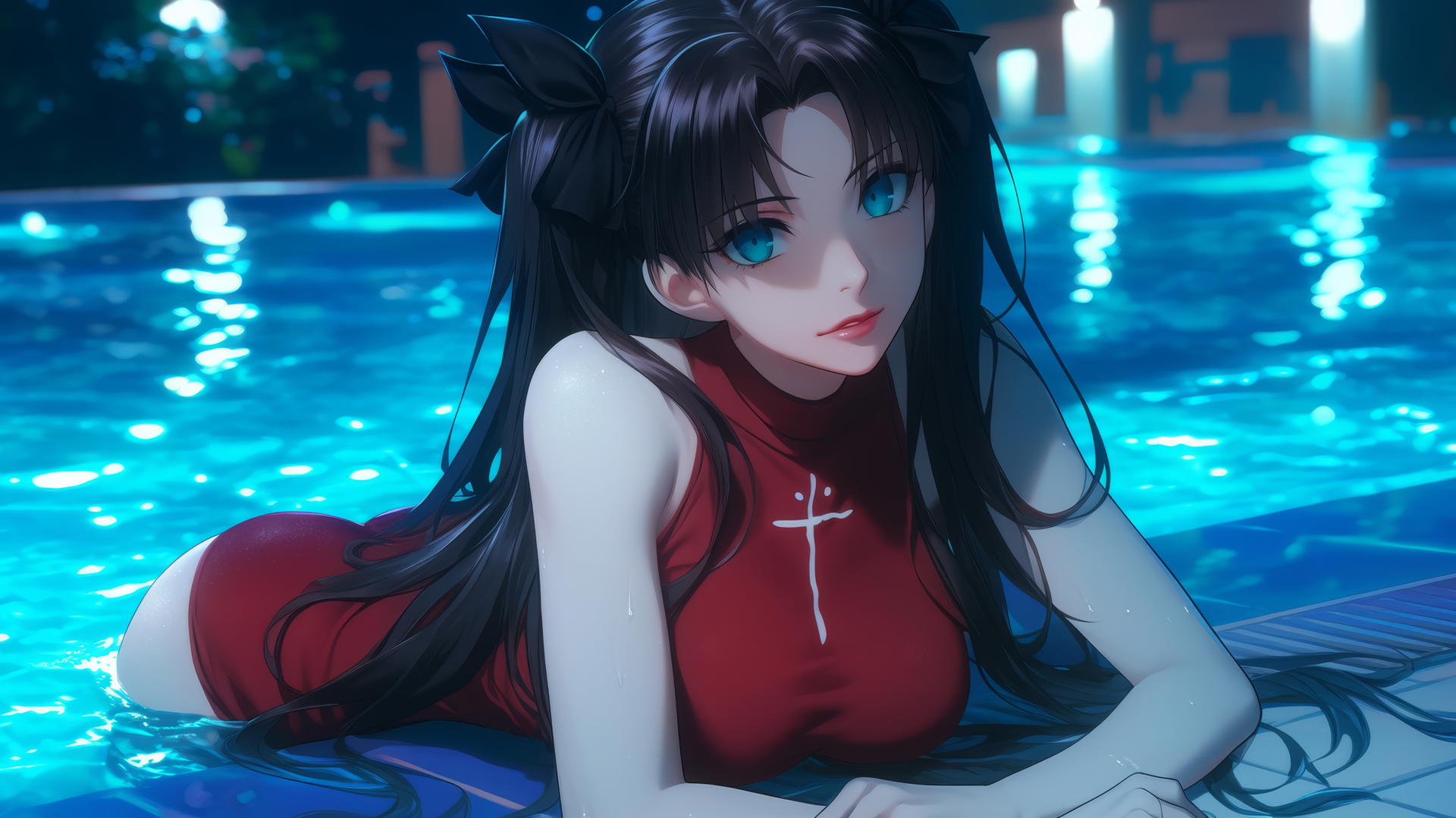 Rin Tohsaka resting in a pool with moonlit aqua eyes and black hair.