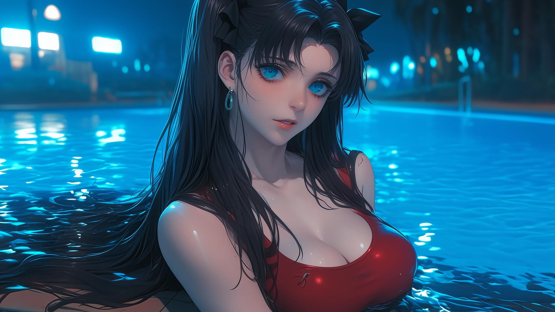 Rin Tohsaka with aqua eyes and black hair relaxing in a swimming pool under moonlight