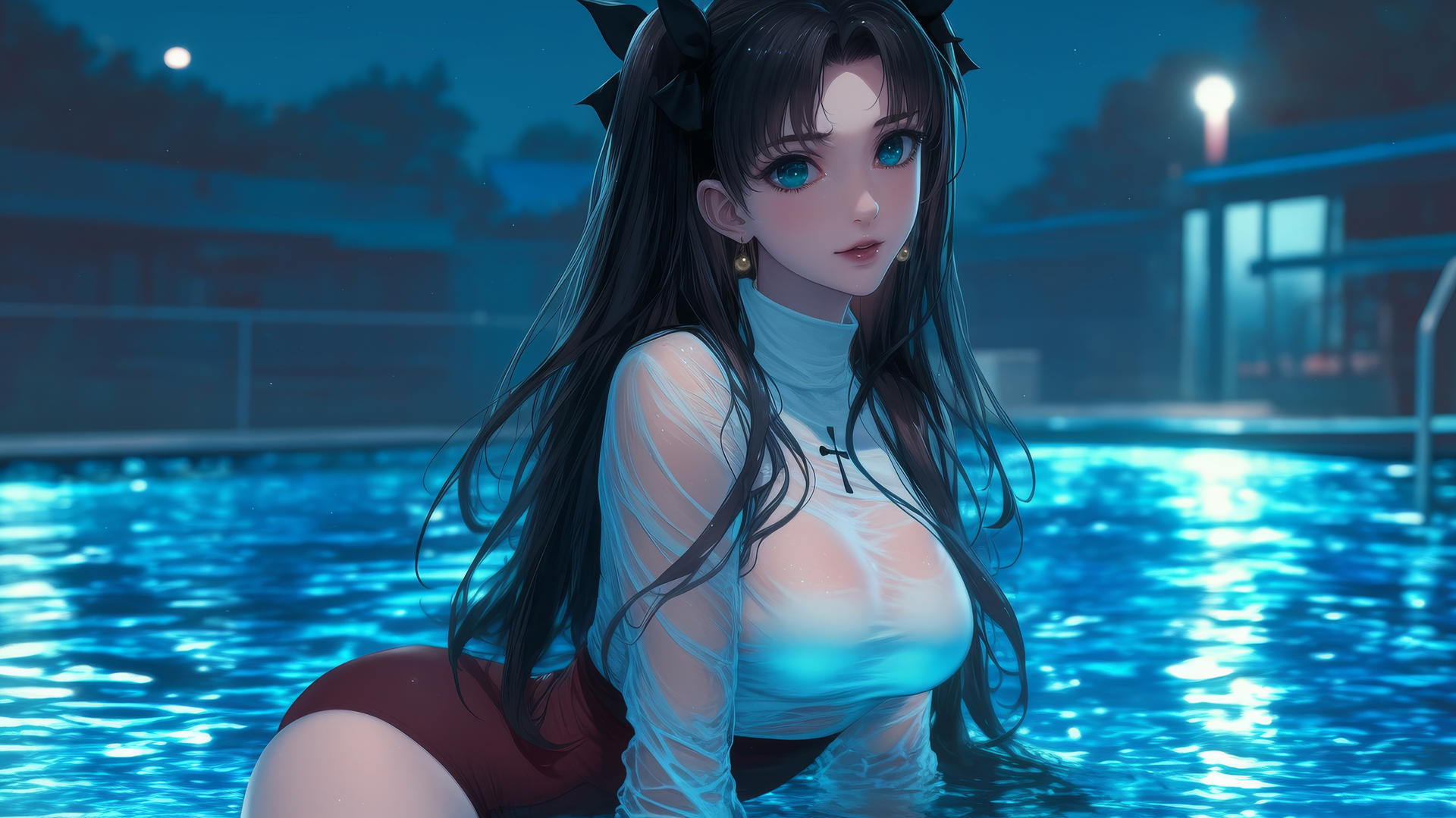 Rin Tohsaka with aqua eyes and black hair, resting in a swimming pool under moonlight