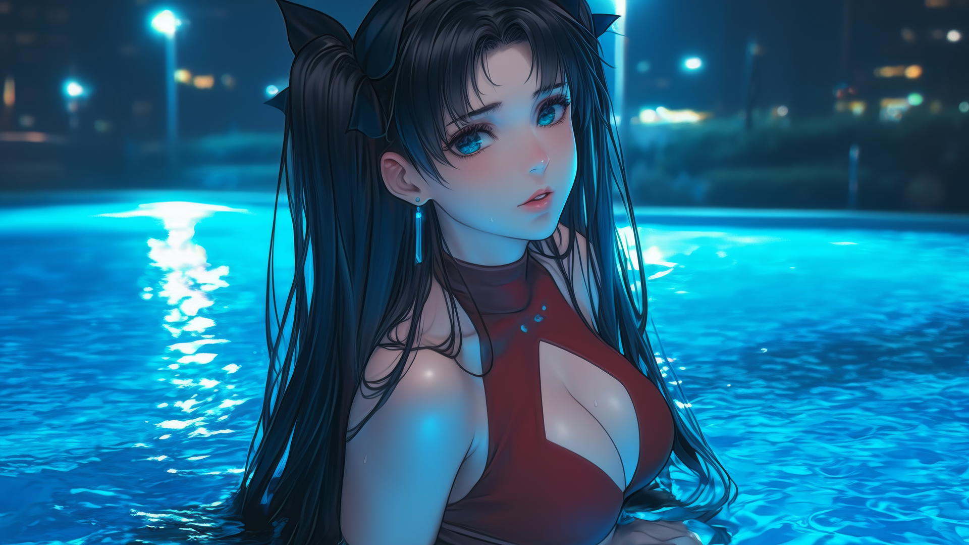 Rin Tohsaka from Fate stay night with aqua eyes and black hair, resting in a pool under moonlight
