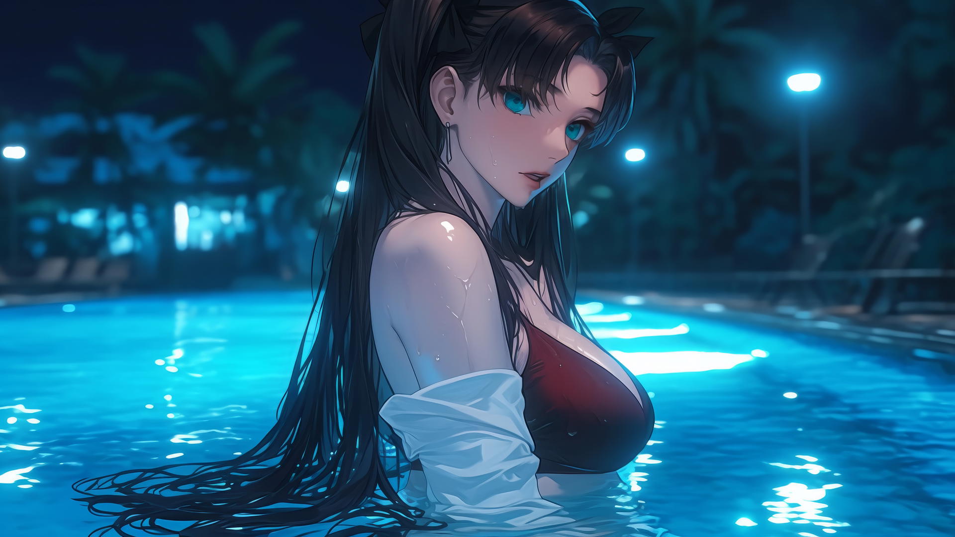 Rin Tohsaka resting in a pool under moonlight