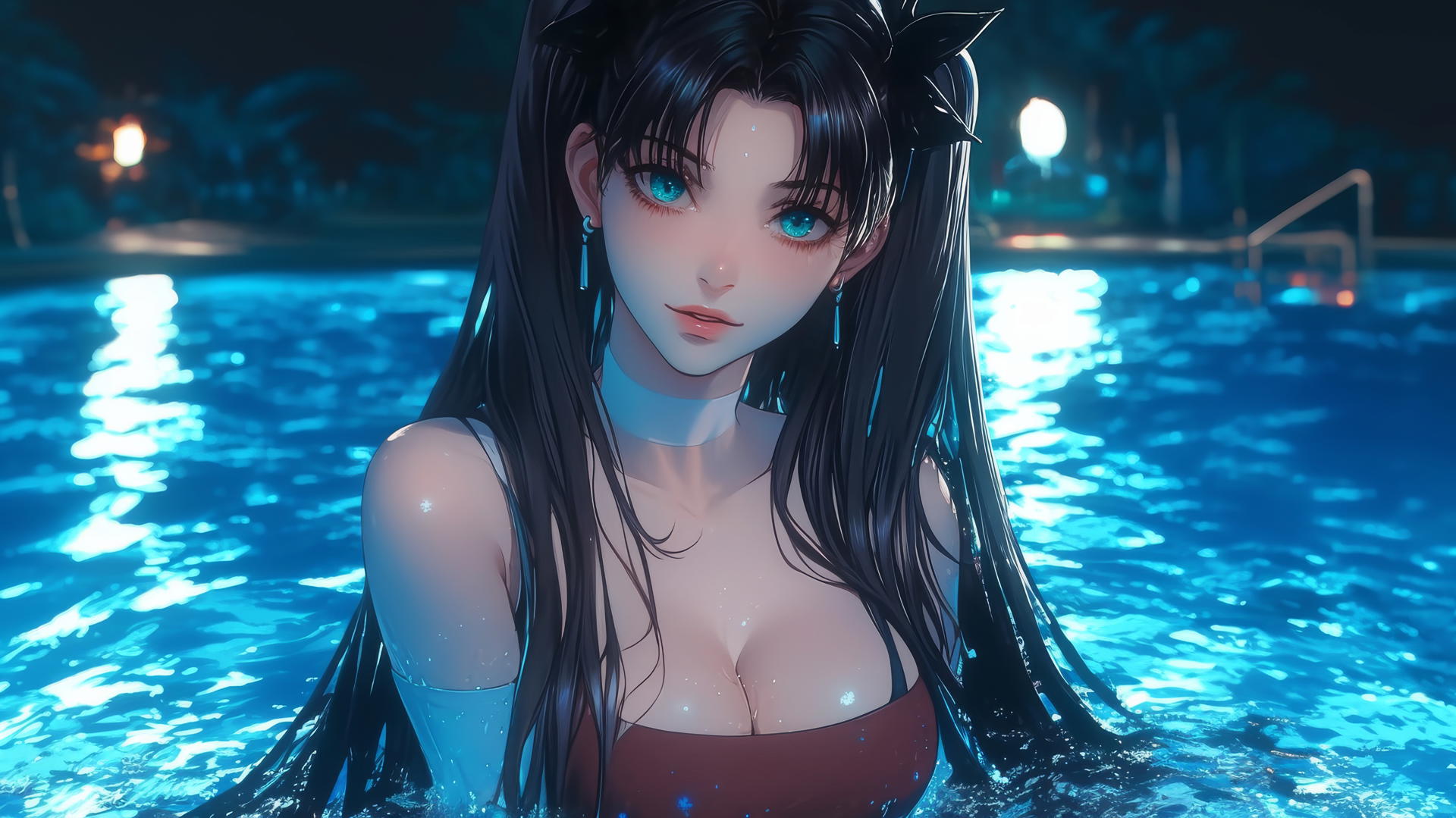 Rin Tohsaka with aqua eyes and black hair resting in a swimming pool under moonlight