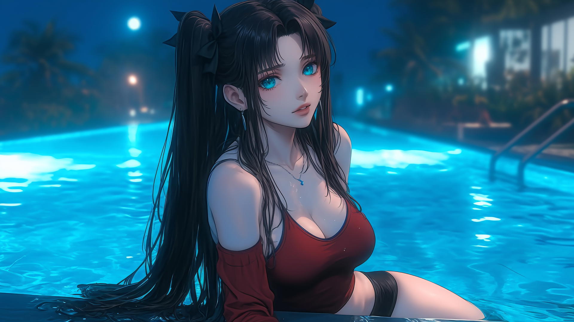 Rin Tohsaka from Fate stay night with aqua eyes and black hair resting in a swimming pool under moonlight