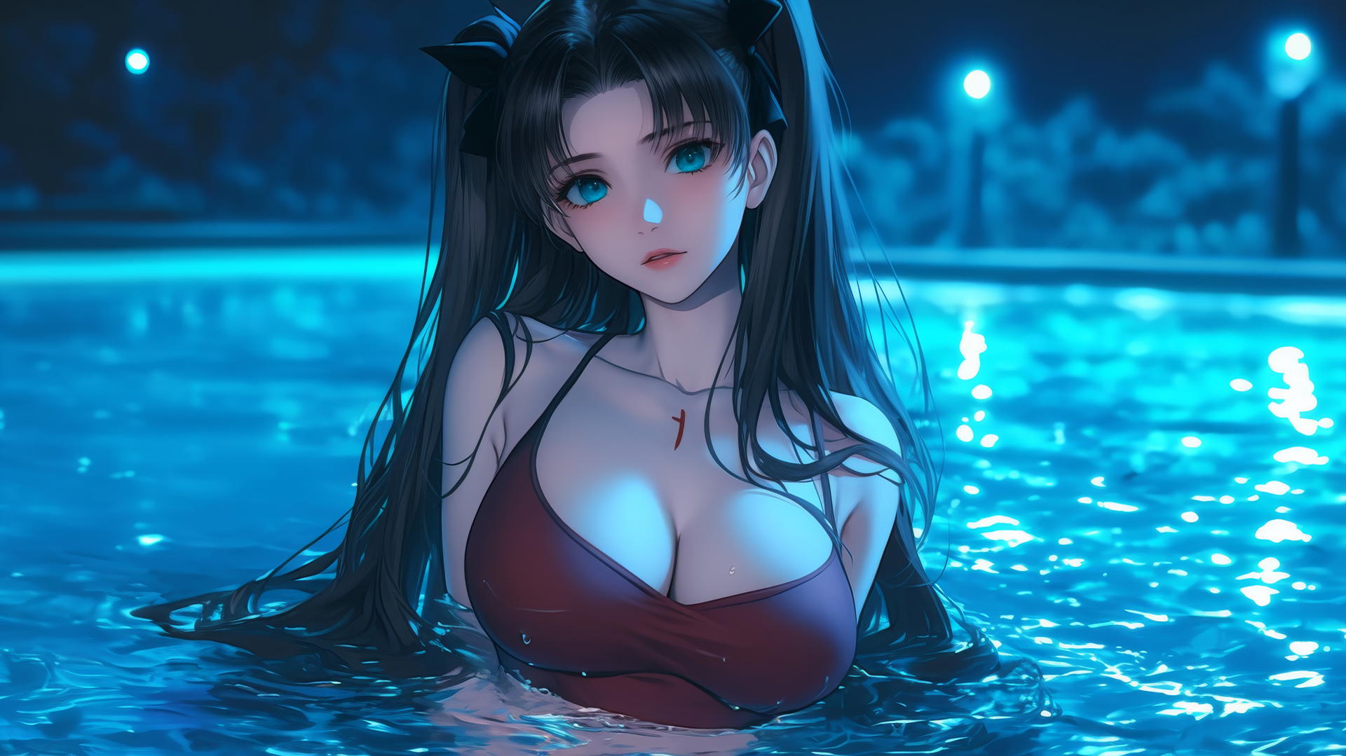 Rin Tohsaka with aqua eyes and black hair, resting in a swimming pool under moonlight.
