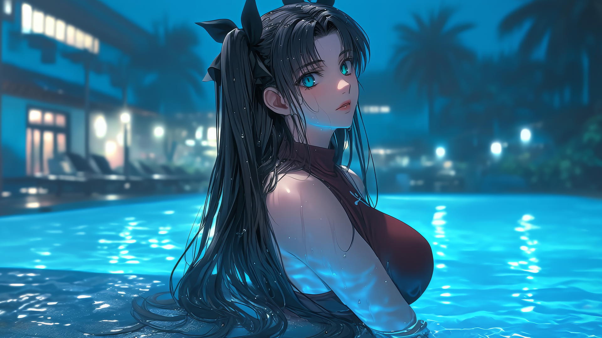 Rin Tohsaka with aqua eyes and black hair resting in a swimming pool under moonlight