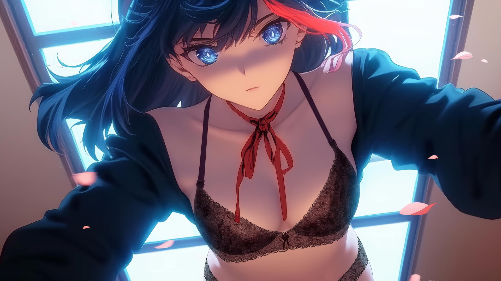 Ryuko Matoi kneeling with gear-shaped pupils and a red streak in black hair