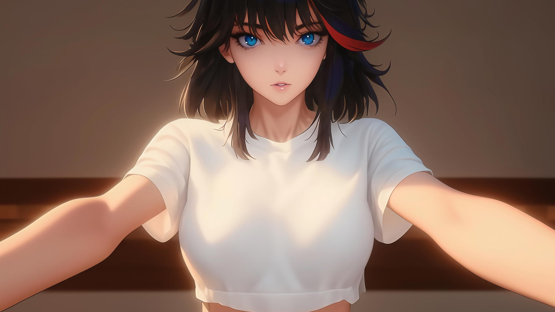 Ryuko Matoi in white t-shirt, kneeling and leaning forward with red streak in black hair.
