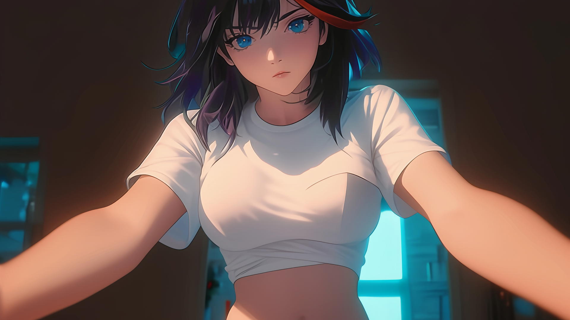 Ryuko Matoi kneeling, wearing white t-shirt, warm light, ceiling background.