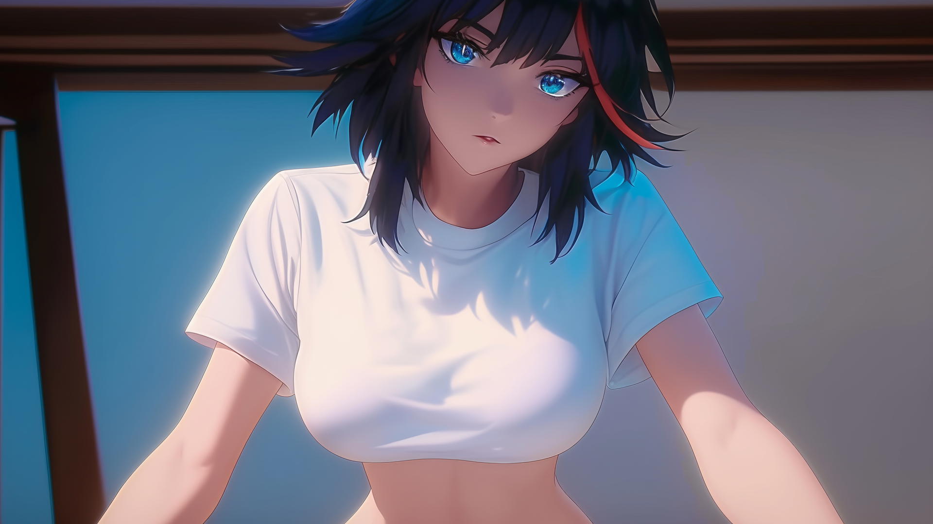 Ryuko Matoi, red streak, gear pupils, looking down under warm light