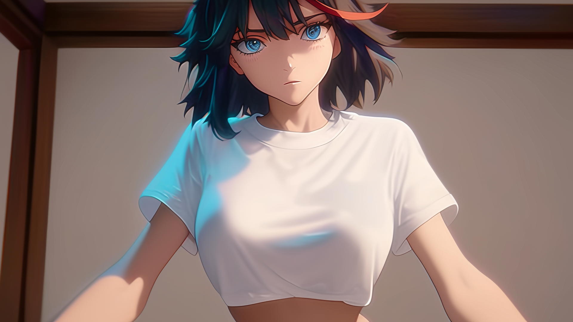 Ryuko Matoi kneeling, leaning forward, wearing white t-shirt, red hair streak, blue gear-shaped pupils, ceiling background