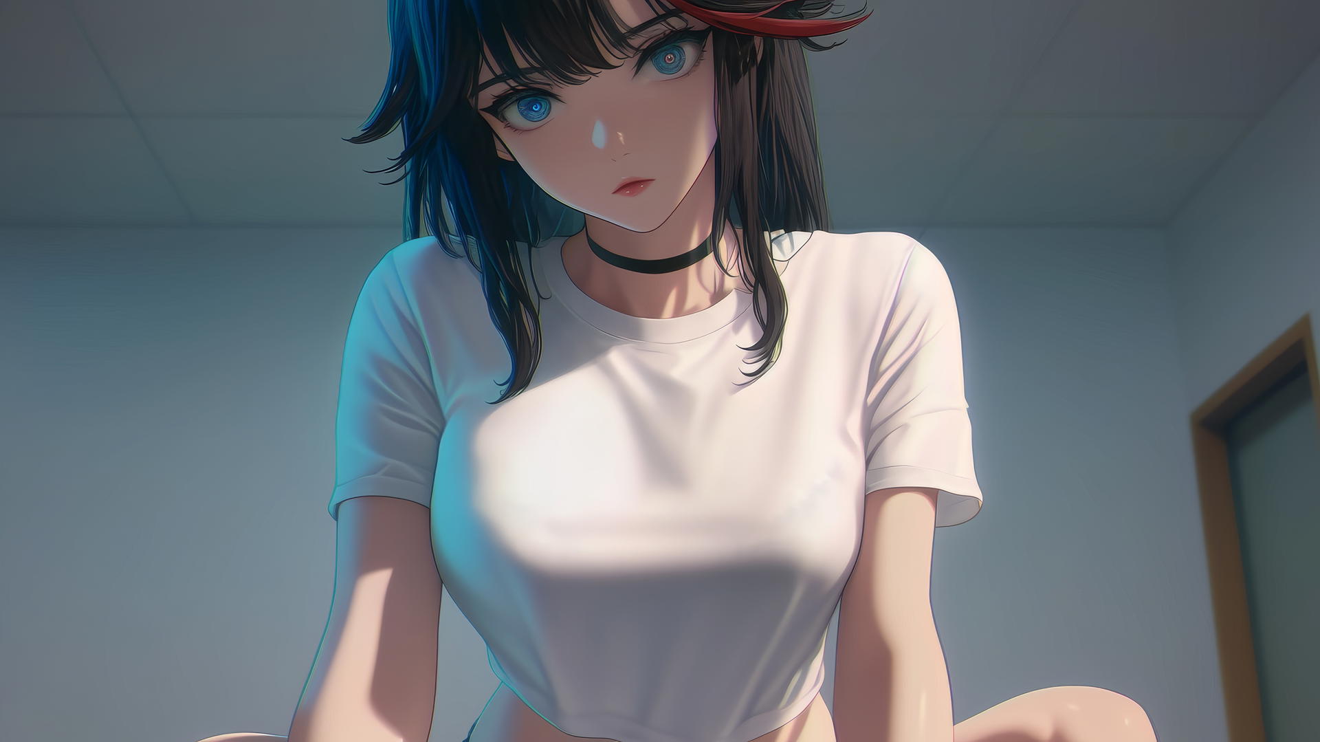 Ryuko Matoi in white t-shirt kneeling, with red streak in black hair, blue gear-shaped pupils, warm light