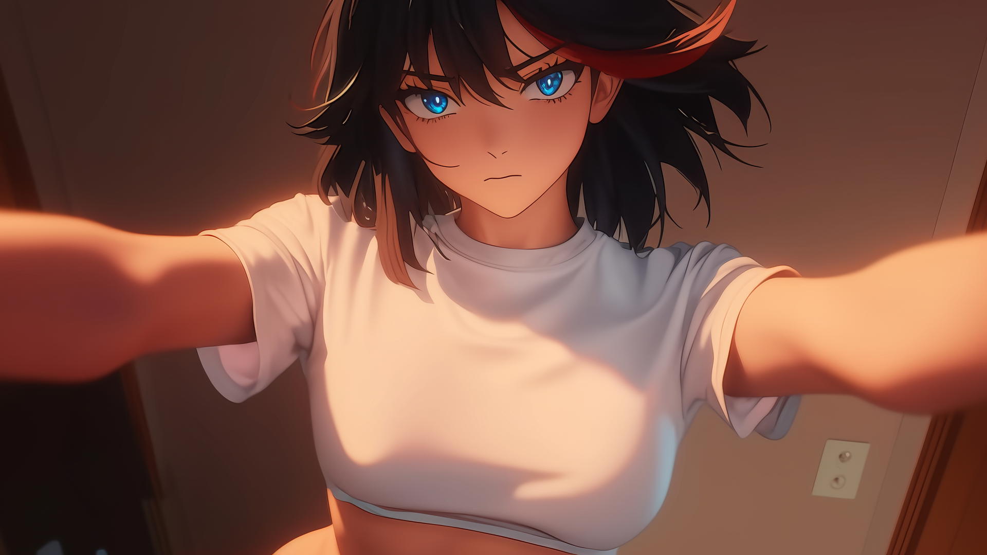Ryuko Matoi in white t-shirt kneeling, looking down with gear-shaped blue eyes and red streak in black hair, ceiling background.