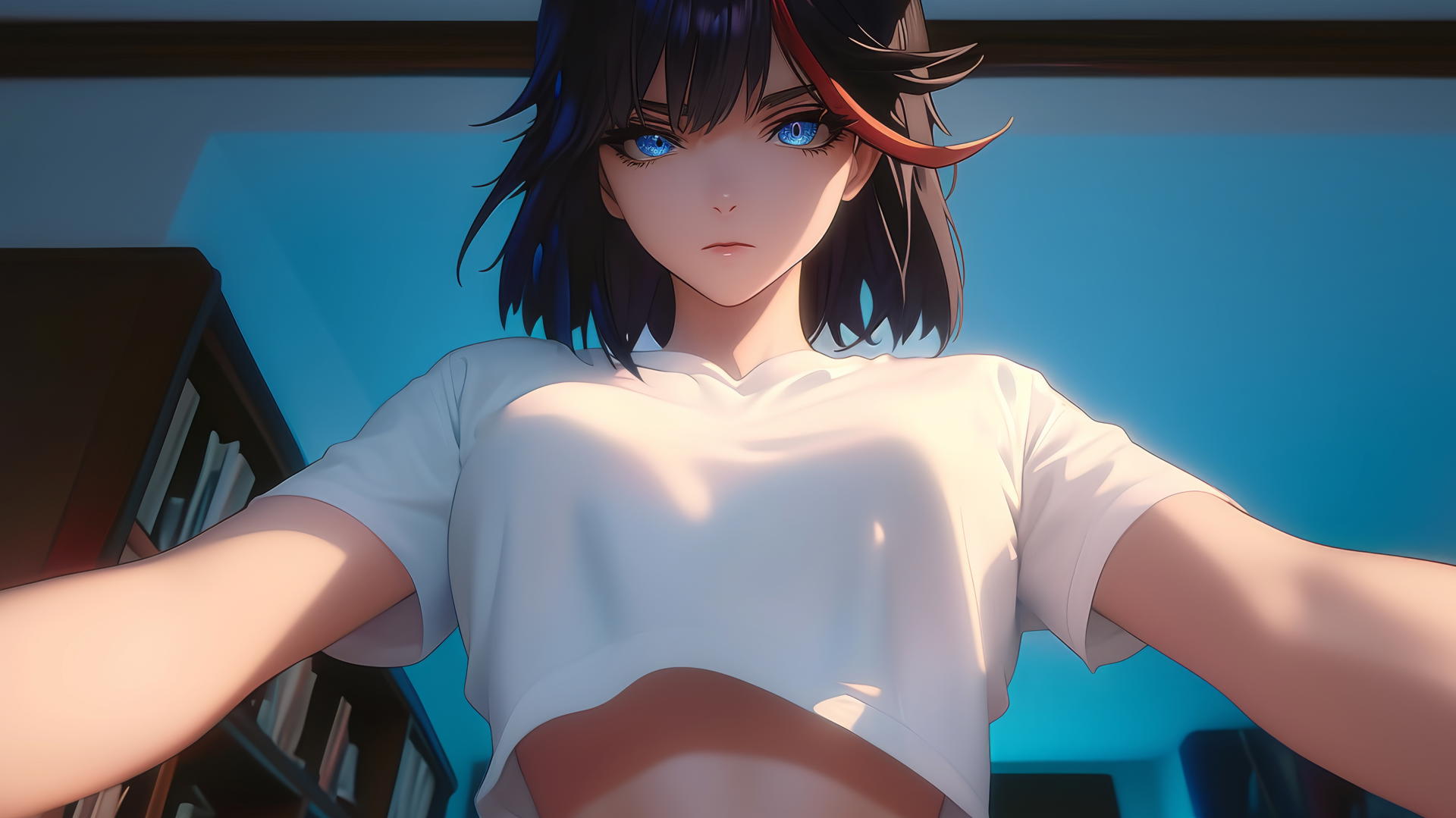 Ryuko Matoi kneeling, leaning forward in a white t-shirt with a red streak in her bangs, viewed from below, warm light glow, ceiling background.