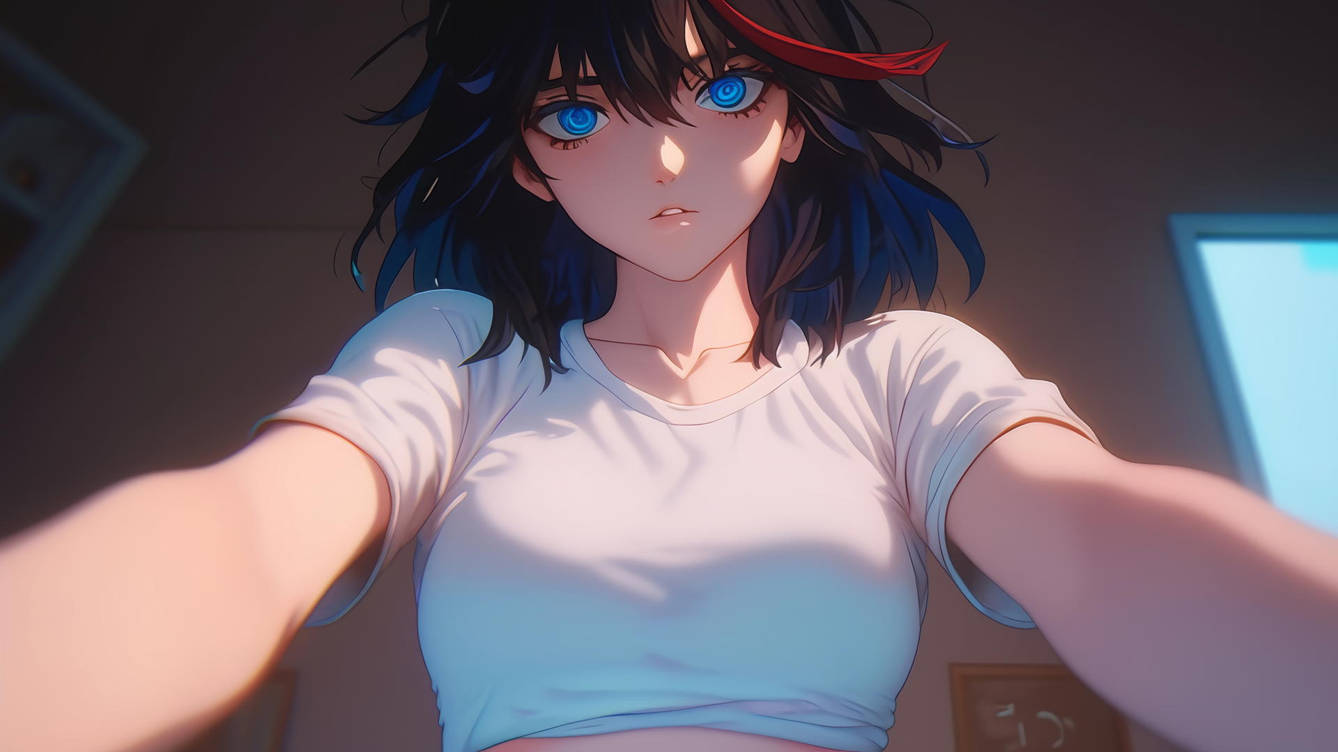 Ryuko Matoi kneeling, white t-shirt, ceiling background, warm light glow
