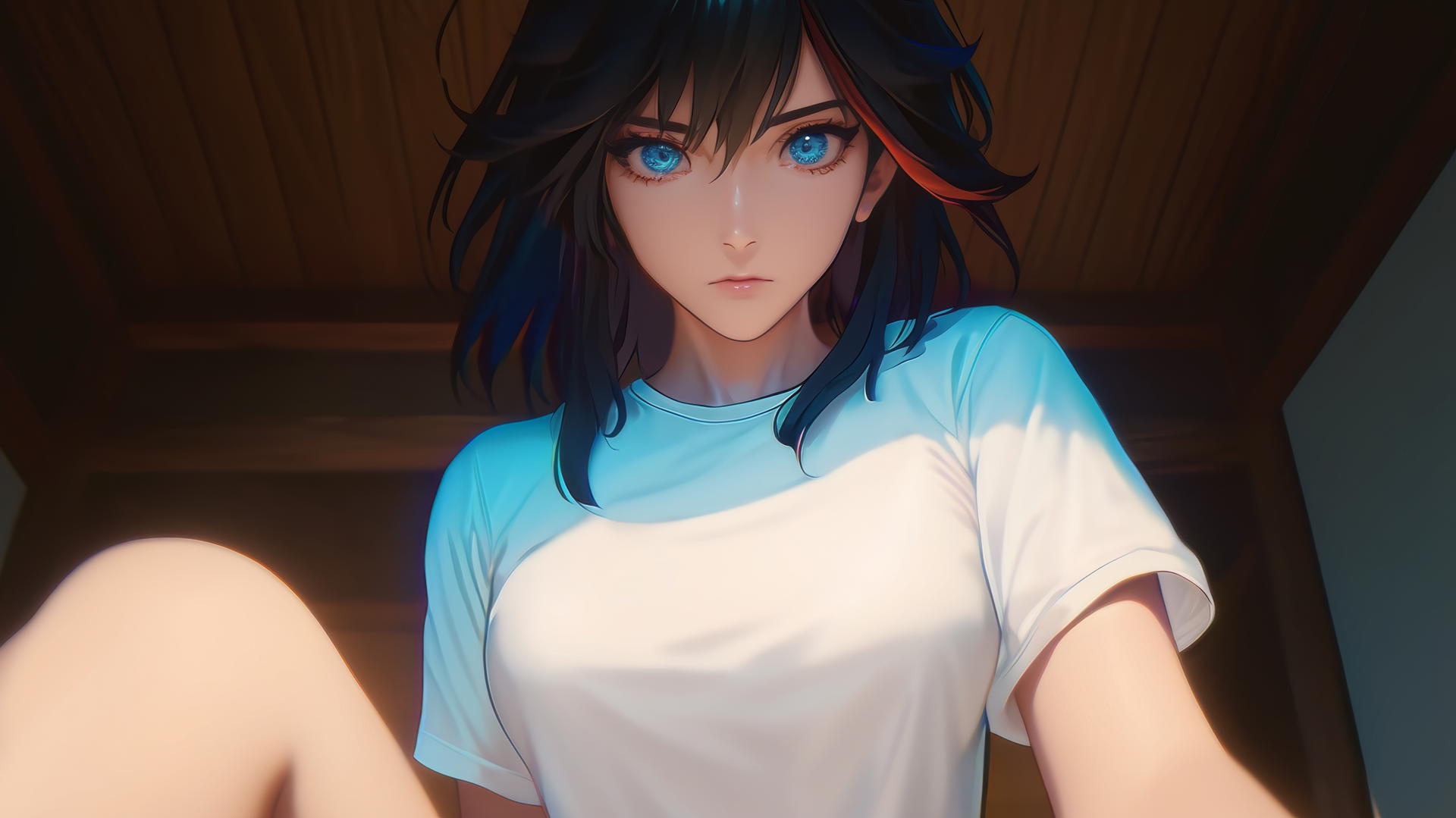 Ryuko Matoi with a red streak in her hair, blue gear-shaped eyes, kneeling and leaning forward.