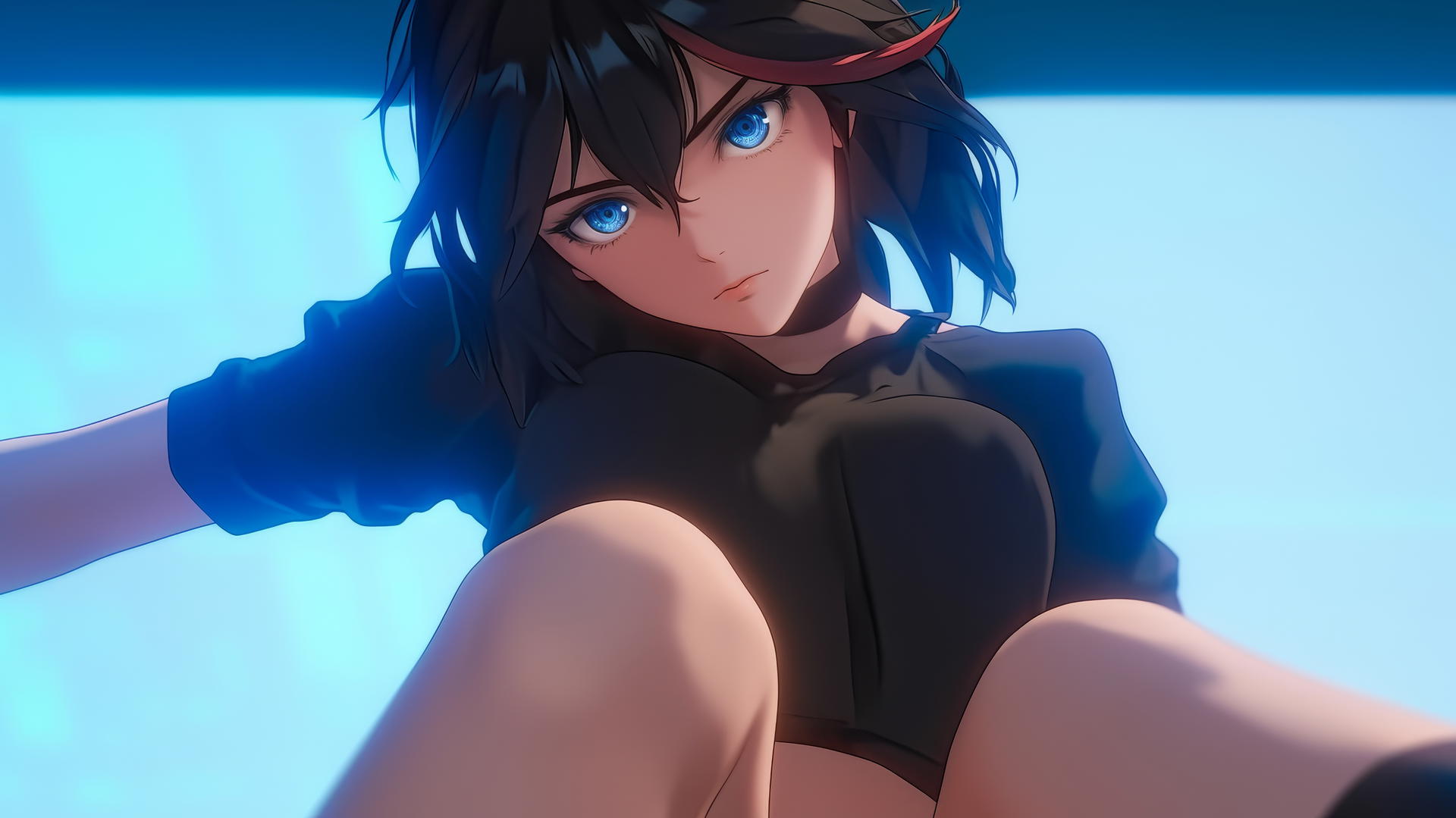Ryuko Matoi leaning and kneeling with red-streaked black hair, gear-shaped pupils, and warm lighting