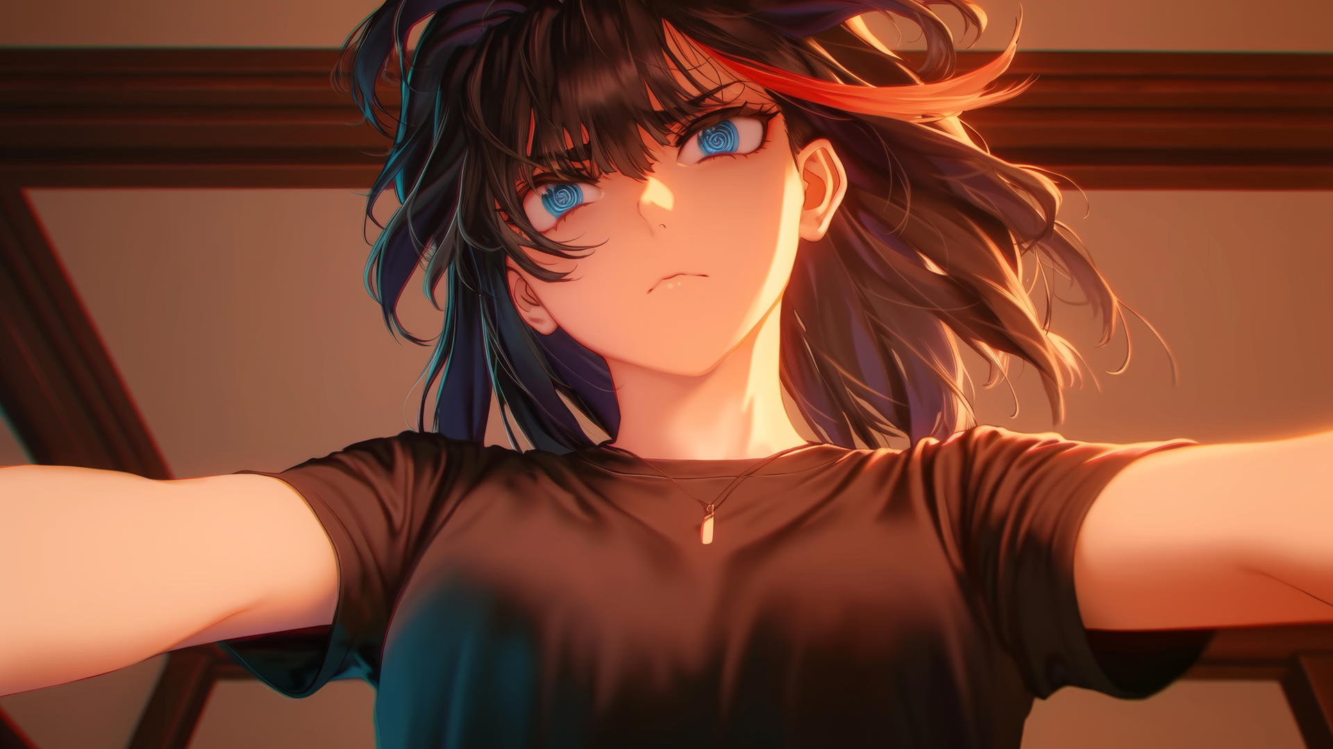 Ryuko Matoi with black feathery hair and a red streak, blue gear-shaped eyes, kneeling, warm light