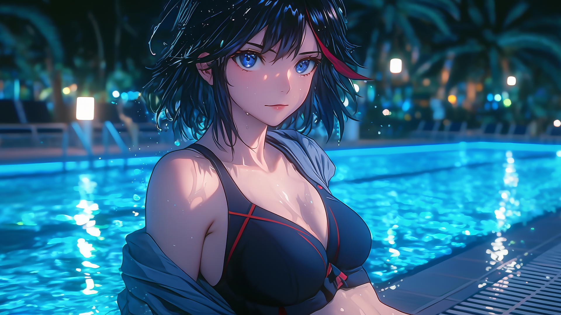 Ryuko Matoi with short black hair and red streak, resting by a moonlit pool.