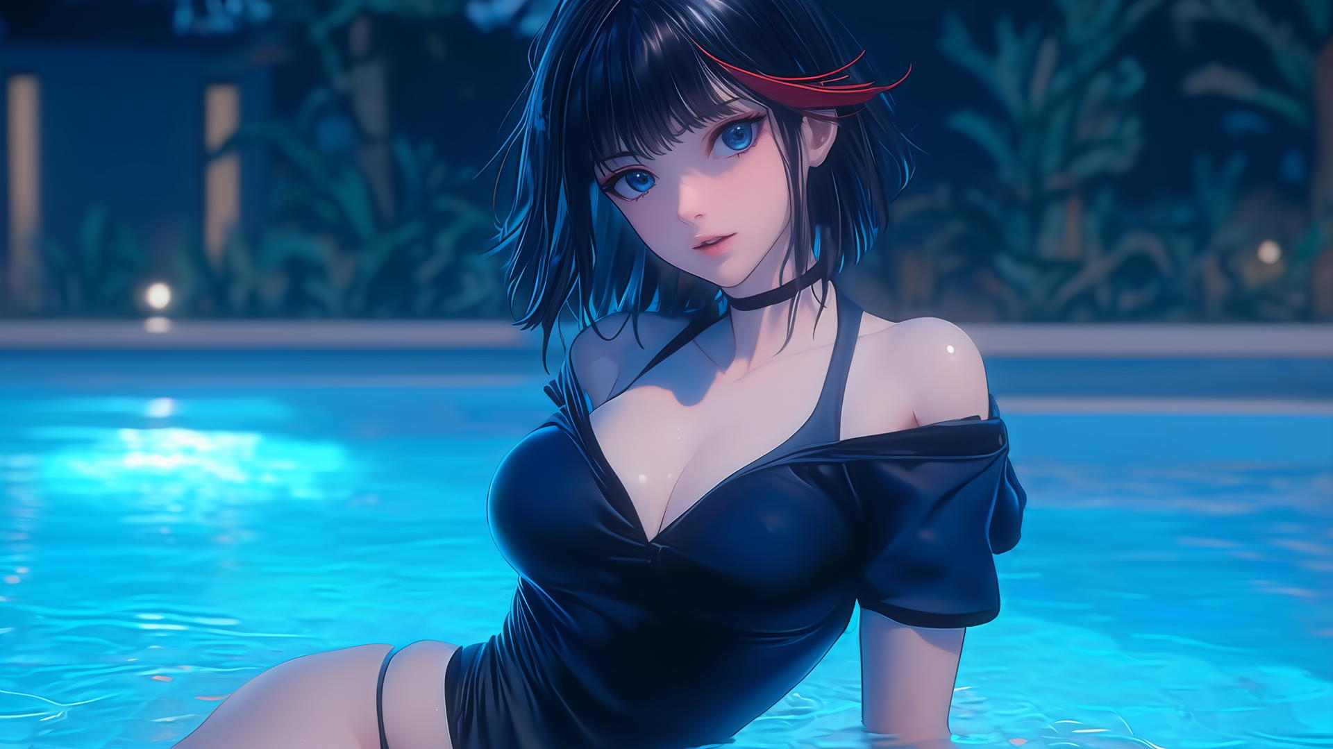 Ryuko Matoi with black hair with a red streak, blue eyes with gear-shaped pupils, resting by a swimming pool under moonlight