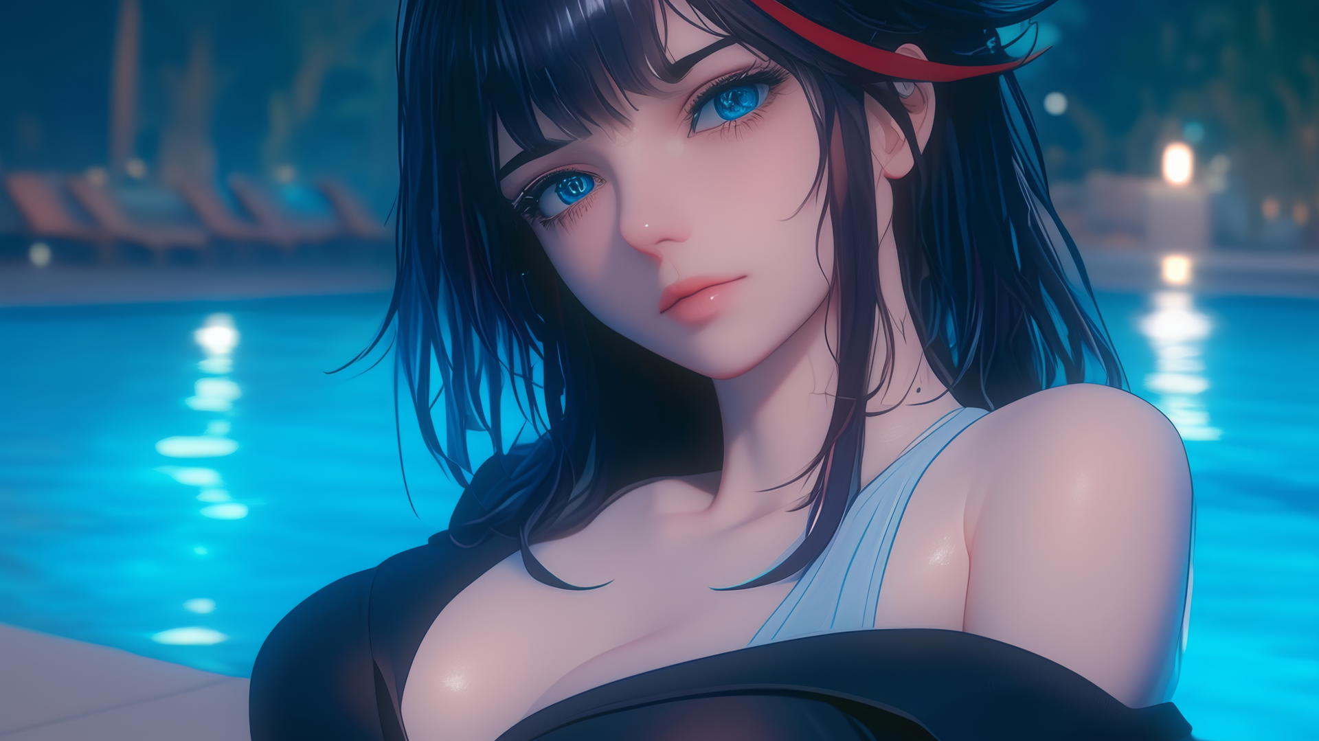 Ryuko Matoi with black and red hair, blue gear-shaped pupils, by a moonlit pool