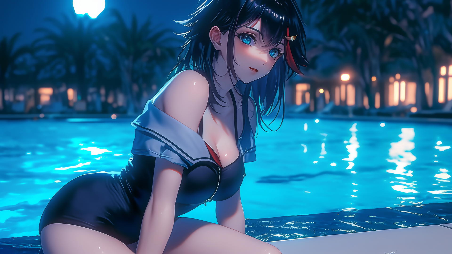 Ryuko Matoi with black and red hair, gear-shaped pupils, resting by a pool under moonlight