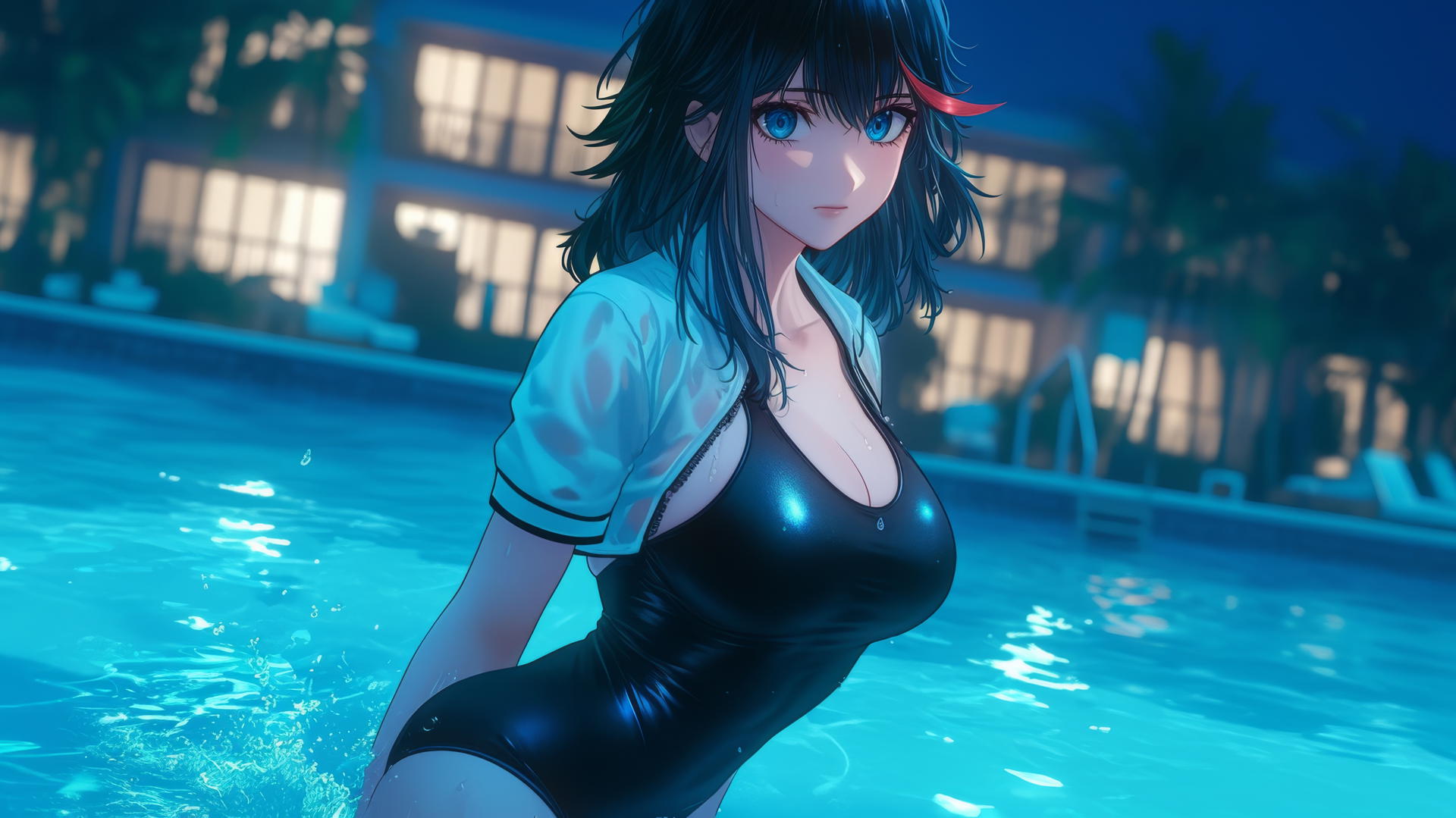 Ryuko Matoi with black and red hair jumps out of a pool under moonlight