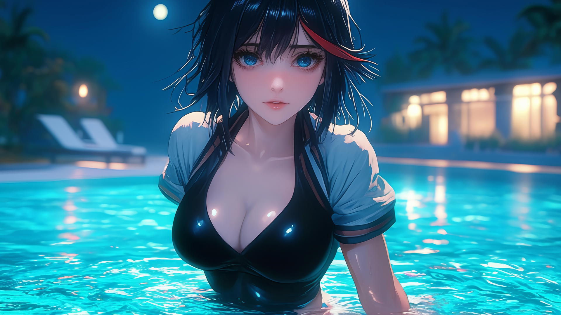 Ryuko Matoi with mid-length black hair and red streak, blue gear-shaped pupils, jumping out of pool under moonlight.