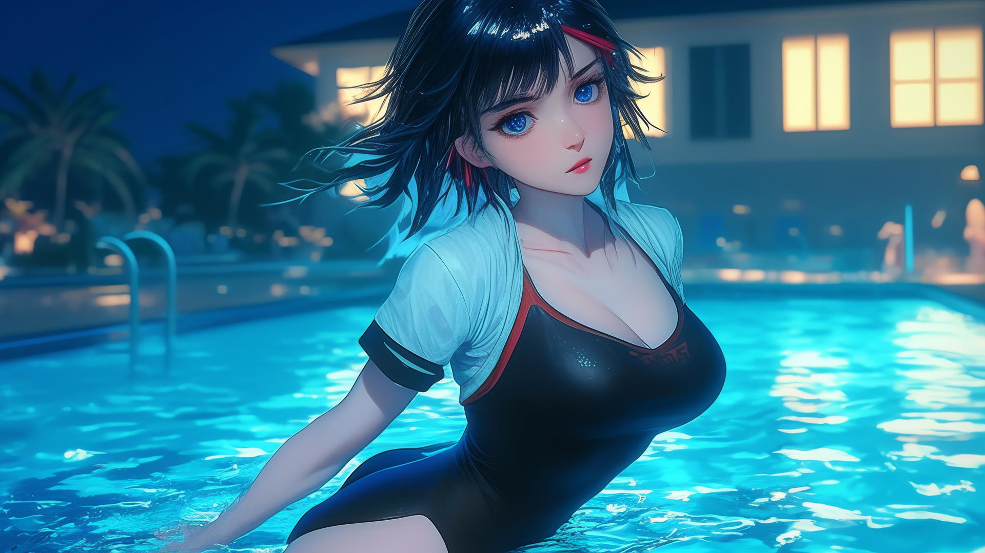 Ryuko Matoi with black feathery hair and a red streak jumps out of a swimming pool under moonlight.