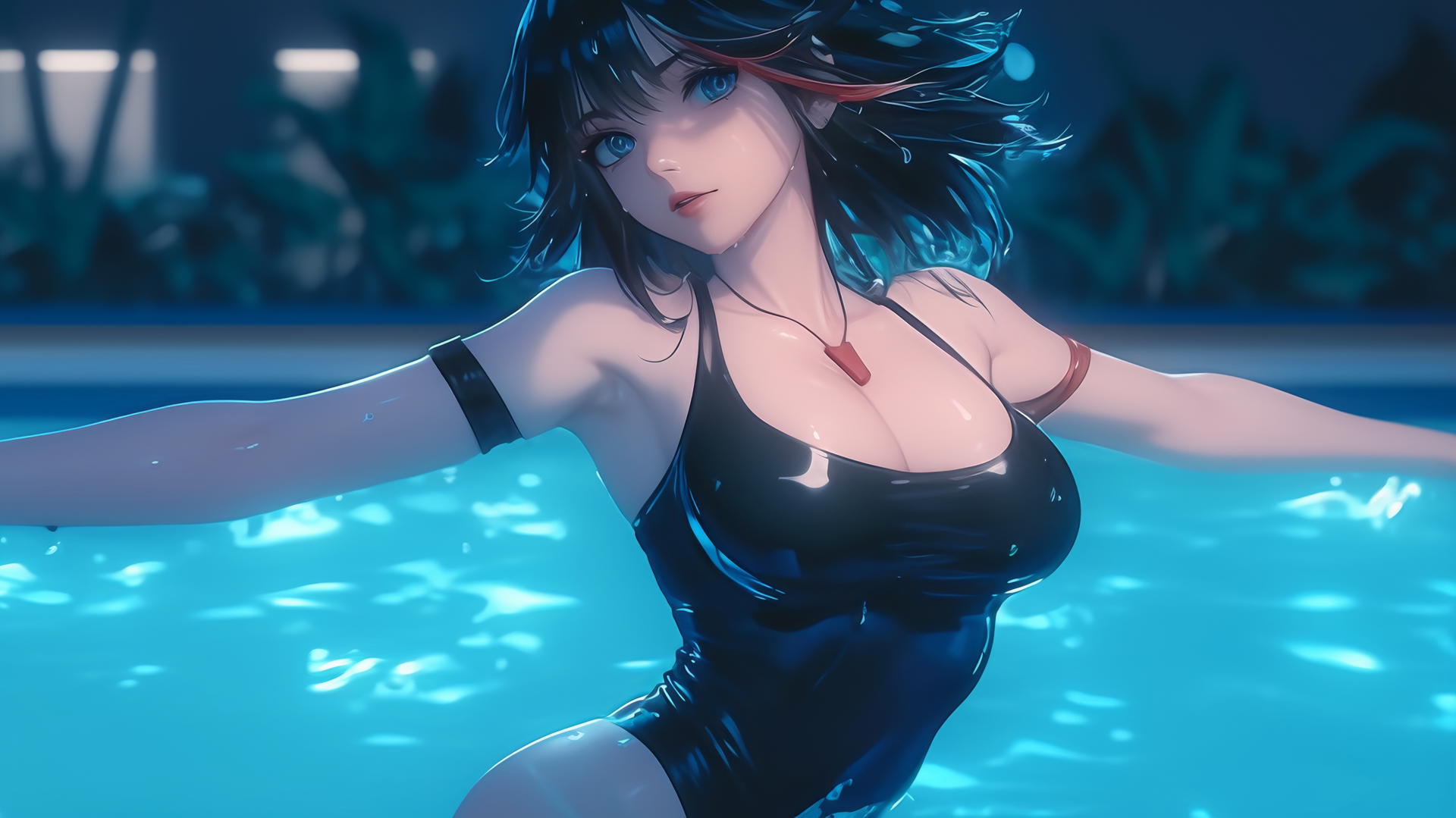 Ryuko Matoi with black and red hair, blue eyes with gear-shaped pupils, jumping out of a swimming pool under moonlight.