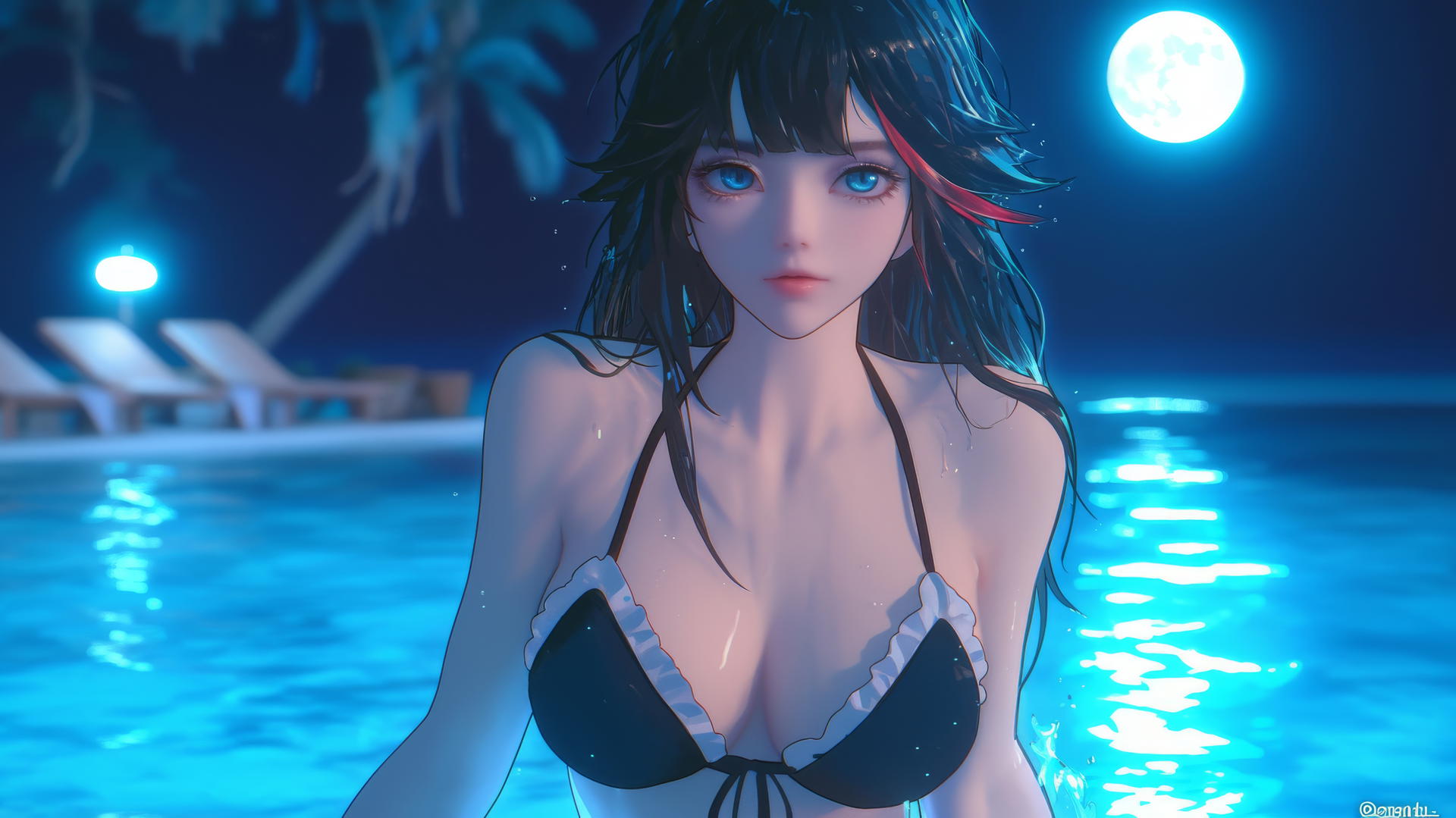 Ryuko Matoi with black, feathery hair and a red streak, moonlit by a pool