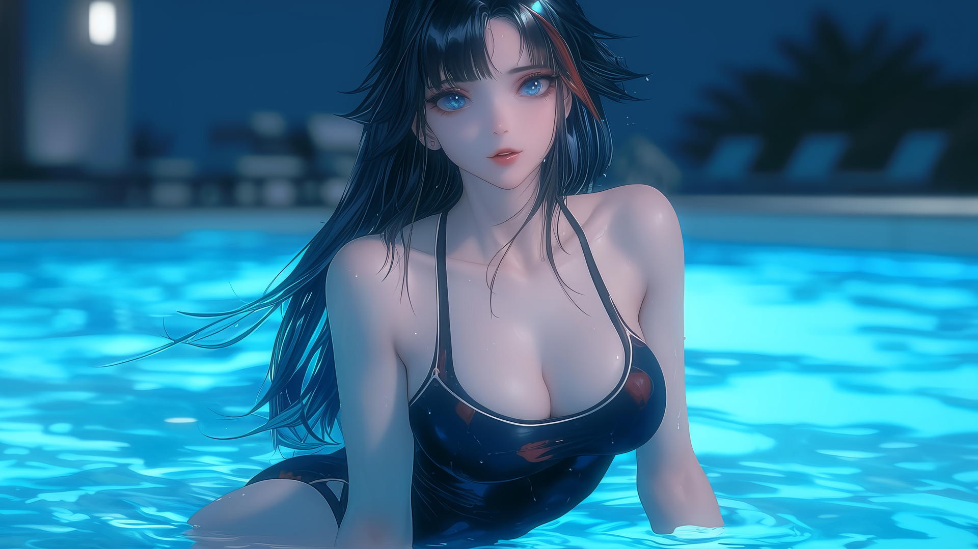 Ryuko Matoi with black feathery hair and red streak, jumping out of a pool under moonlight.