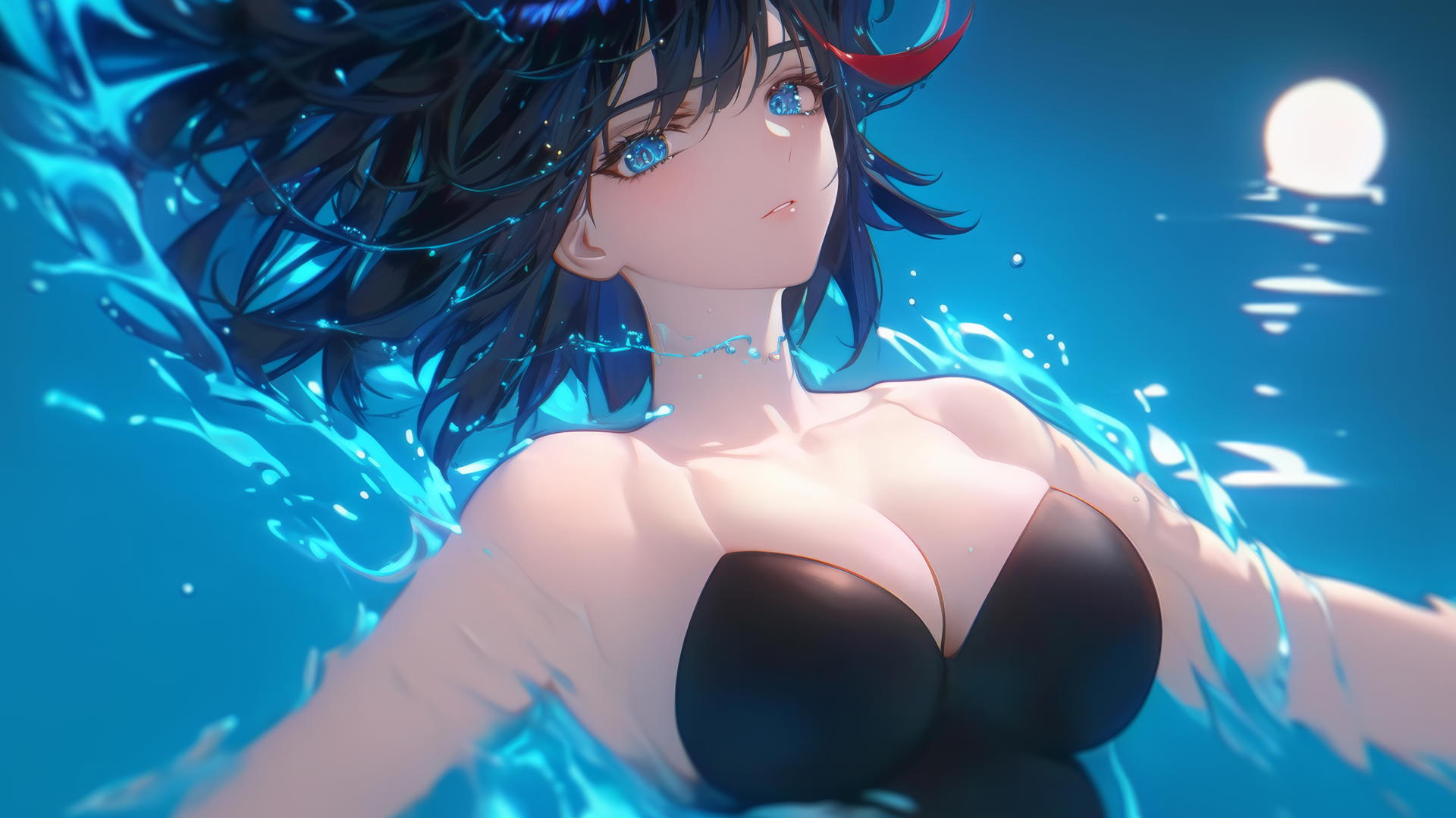 Ryuko Matoi with black feathery hair and blue eyes with gear-shaped pupils, jumping out of a swimming pool under moonlight.