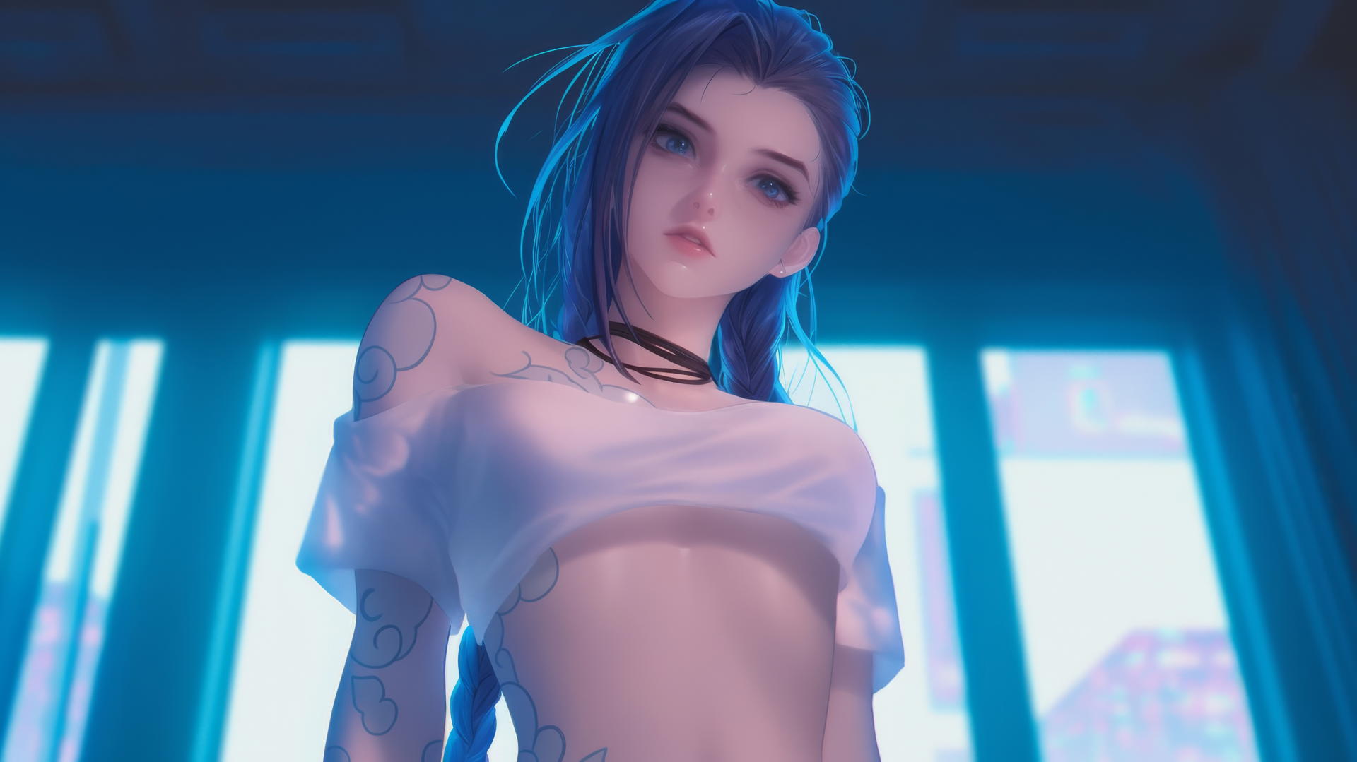 Jinx from League of Legends kneeling, warm light, apartment ceiling backdrop